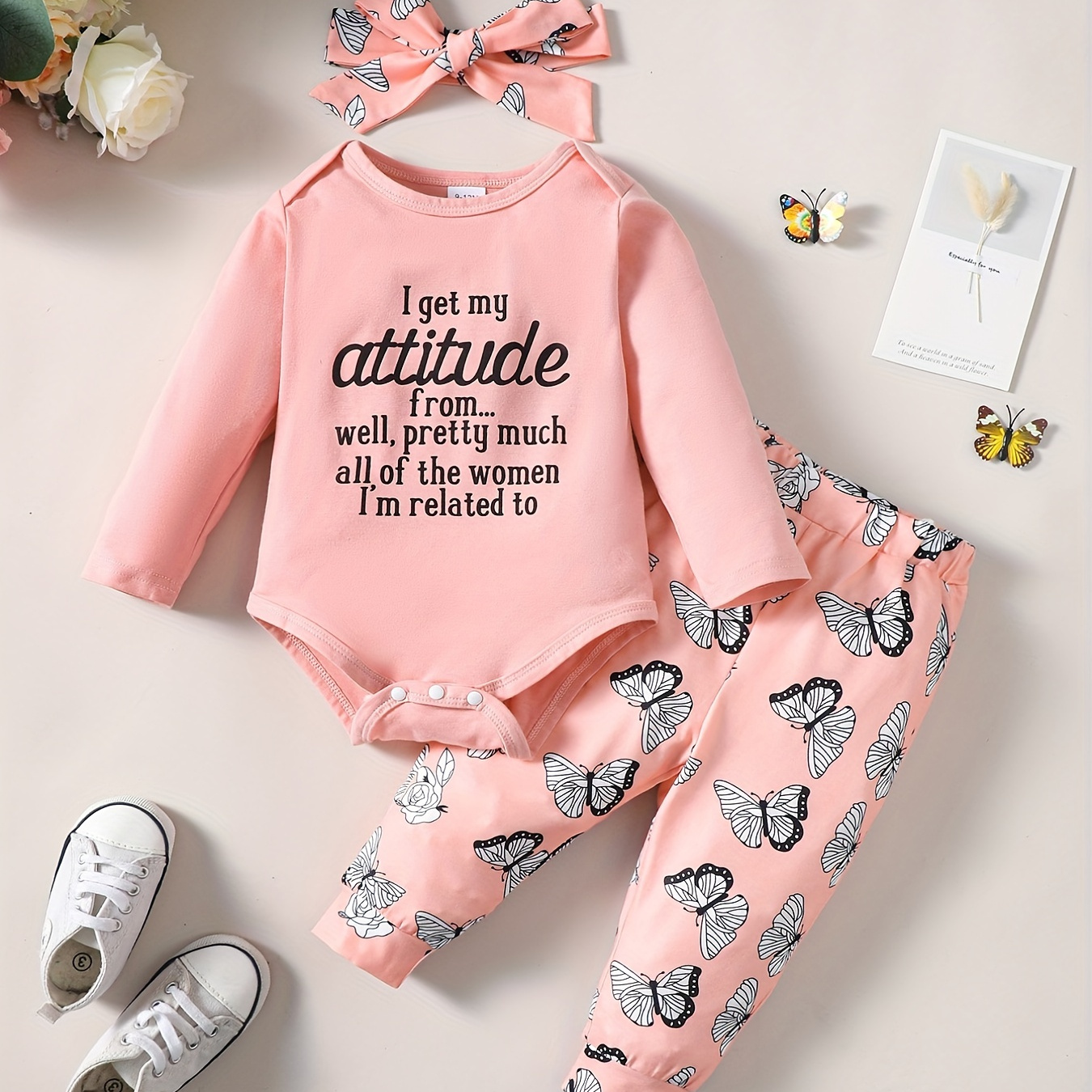 Baby Girl's Graphic Long-sleeved Romper Top + Butterflies Print Pants Set, Newborn's Cute Casual Clothes
Baby Girl's Graphic Long-sleeved Romper Top + Butterflies Print Pants Set, Newborn's Cute Casual Clothes