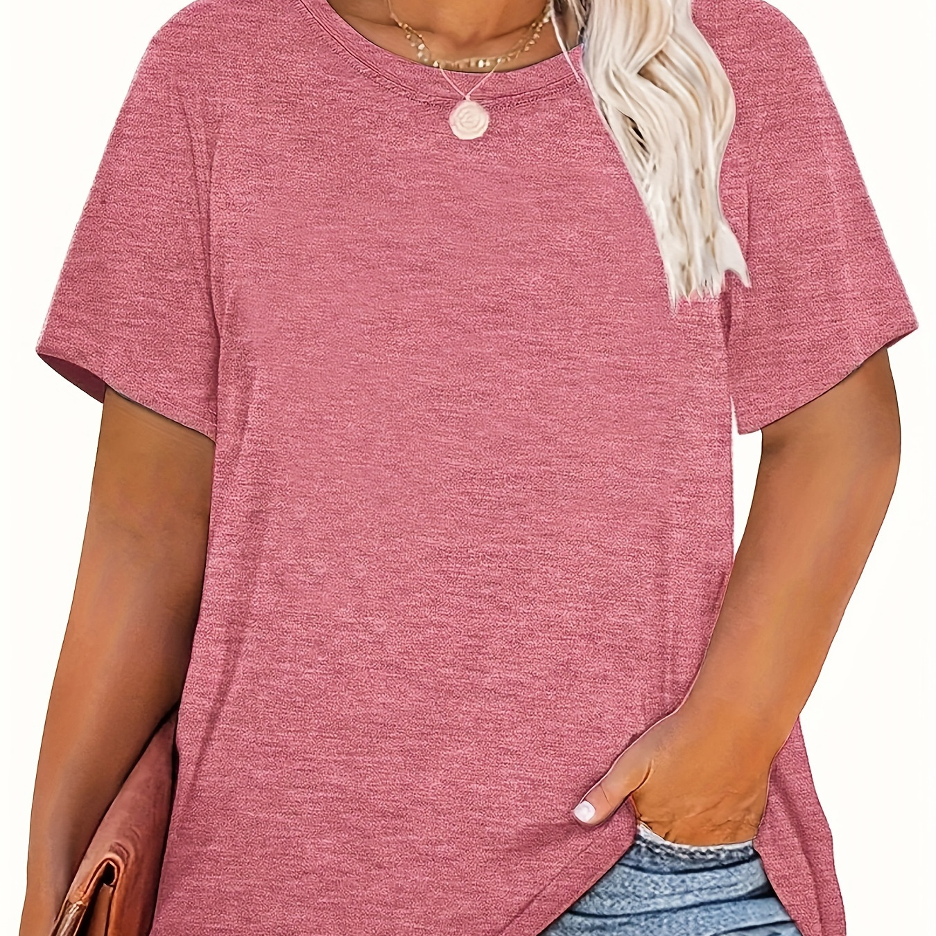 Plus Size Simple Solid Color T-shirt, Casual Crew Neck Short Sleeve Top For Spring & Summer, Women's Plus Size Clothing
Plus Size Simple Solid Color T-shirt, Casual Crew Neck Short Sleeve Top For Spring & Summer, Women's Plus Size Clothing