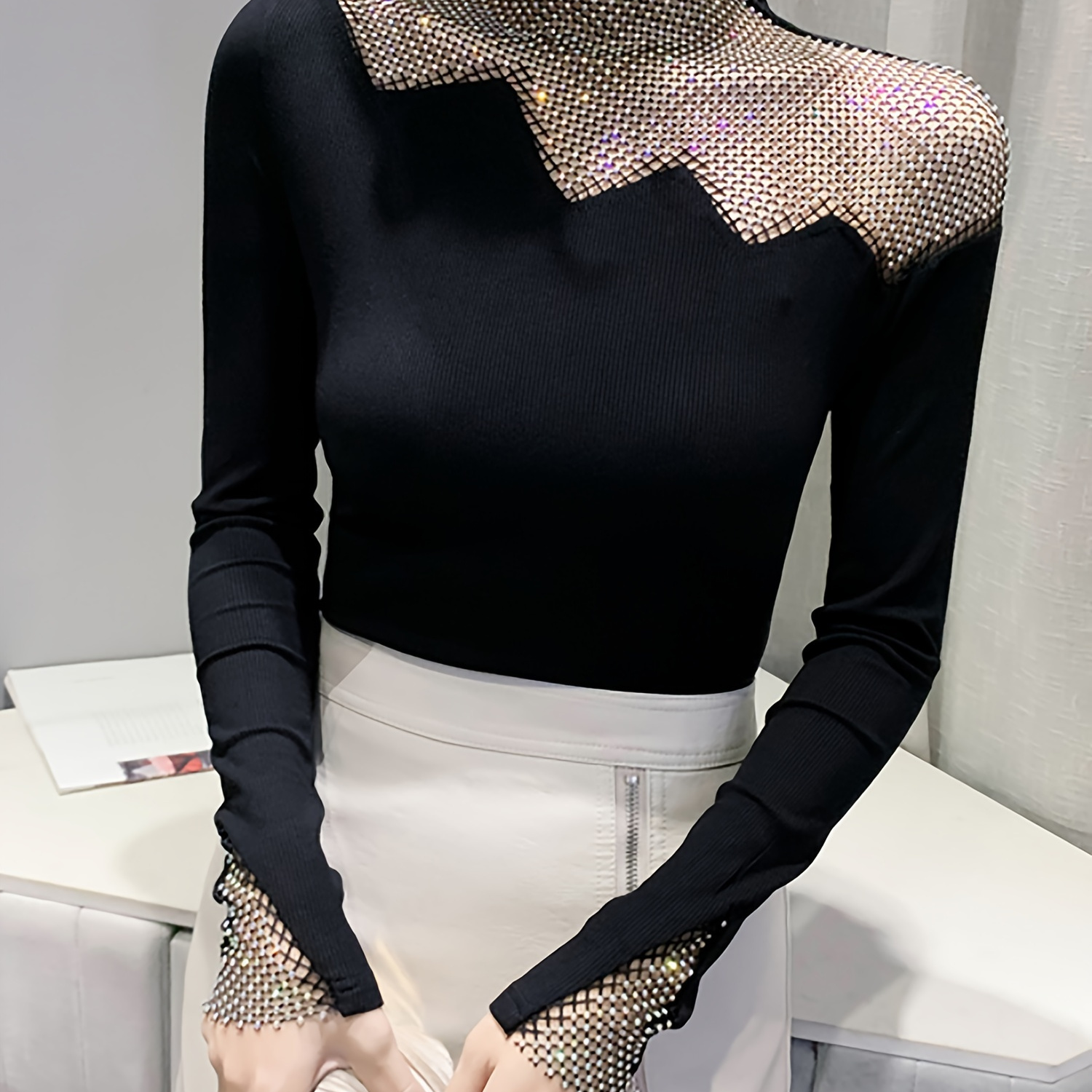Elegant Rhinestone-embellished Women's Long Sleeve T-shirt - Chic Polyester, Round Neck With Sheer Mesh Panel Detail, Spring & Fall
Elegant Rhinestone-embellished Women's Long Sleeve T-shirt - Chic Polyester, Round Neck With Sheer Mesh Panel Detail, Spring & Fall