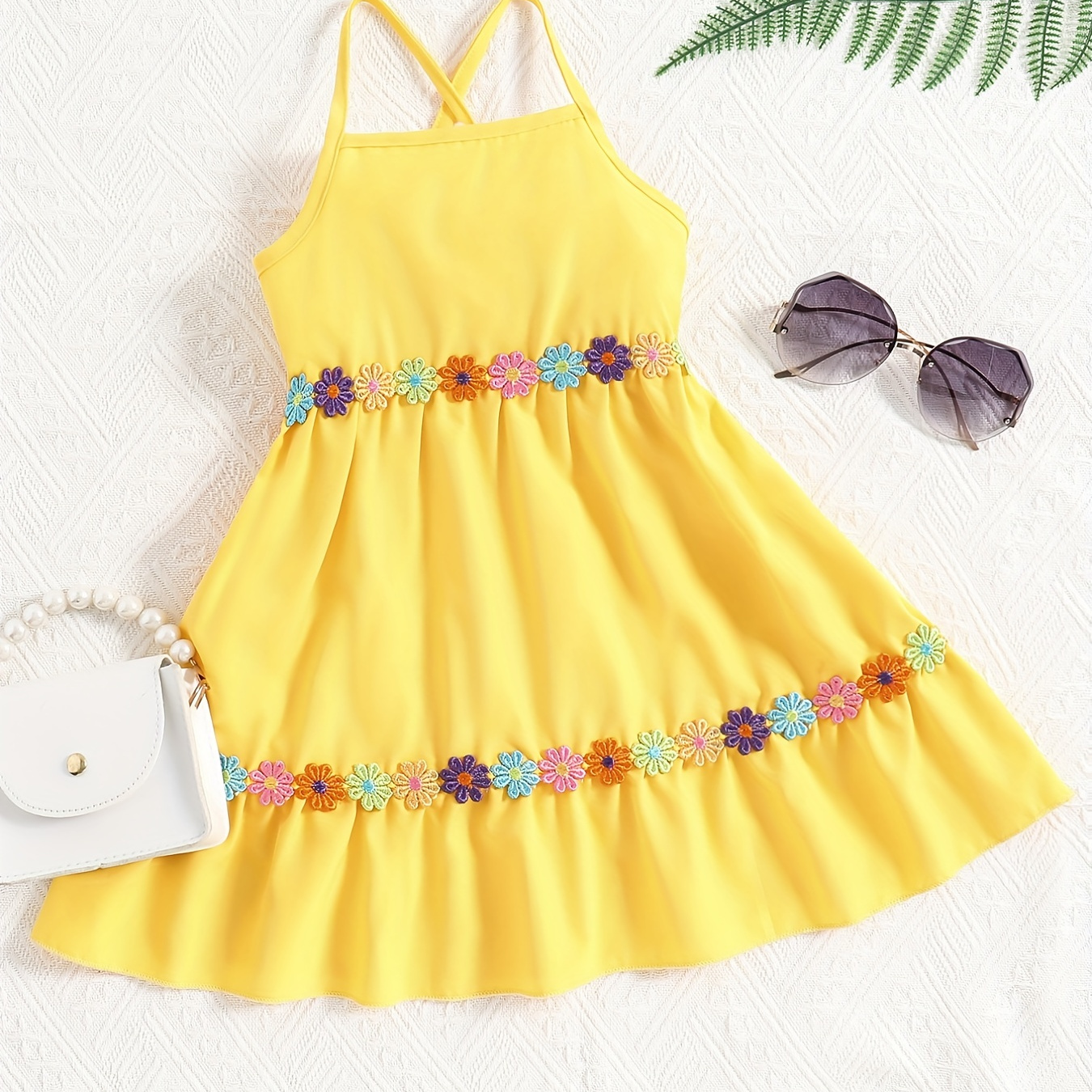 

Toddler Girls Flowers Applique Ruffled Hem Cami Princess Dress For Party Beach Vacation Kids Summer Clothes