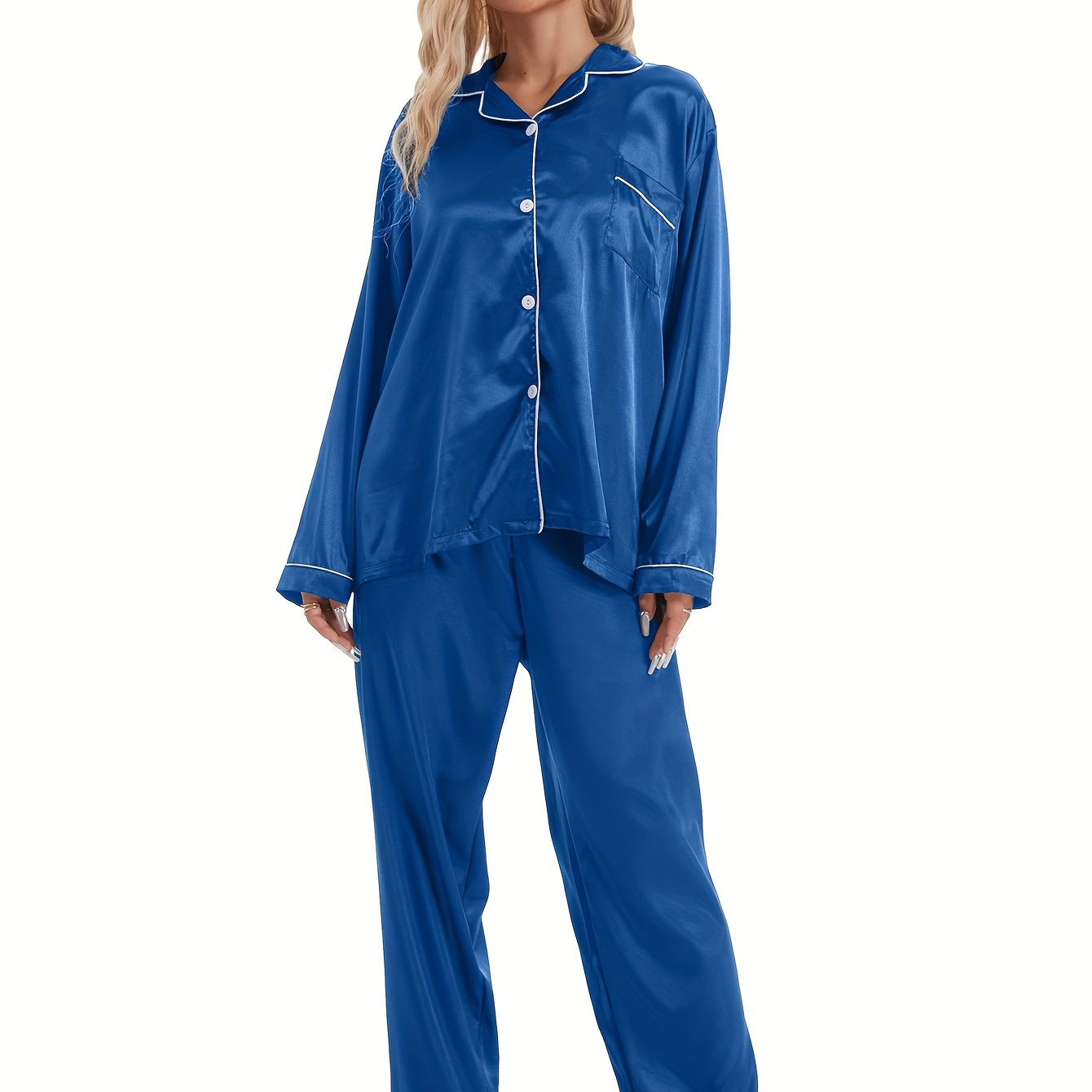 Women's Solid Satin Casual Loose Fit Pajama Set, Long Sleeve Buttons Lapel Top & Pants, Comfortable Relaxed Fit For Fall & Winter
Women's Solid Satin Casual Loose Fit Pajama Set, Long Sleeve Buttons Lapel Top & Pants, Comfortable Relaxed Fit For Fall & Winter