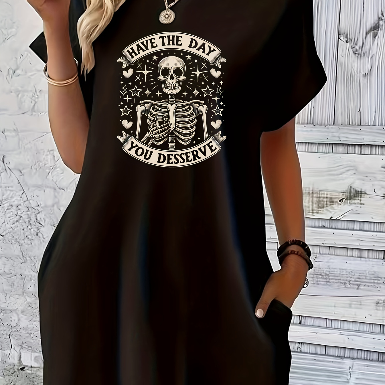 Skull Print Tee Dress, Short Sleeve Crew Neck Casual Dress For Summer & Spring, Women's Clothing
Skull Print Tee Dress, Short Sleeve Crew Neck Casual Dress For Summer & Spring, Women's Clothing