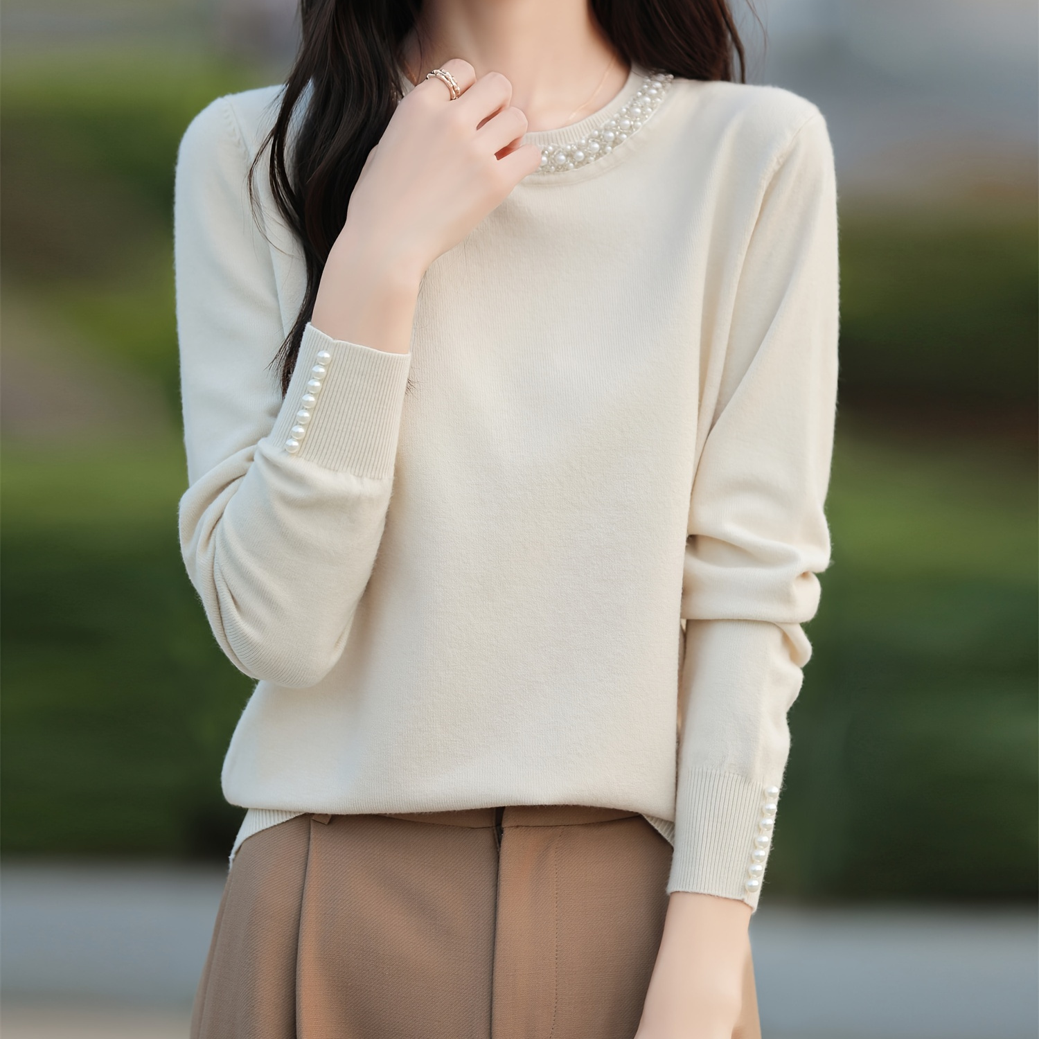 Pull en à manches longues et col rond décontracté pour femmes, haut en avec perles, couleur unie, mélange de viscose (75% viscose, 25% polyester), stretch moyen, toutes , poids de tissu 350g/m²
Pull en à manches longues et col rond décontracté pour femmes, haut en avec perles, couleur unie, mélange de viscose (75% viscose, 25% polyester), stretch moyen, toutes , poids de tissu 350g/m²
