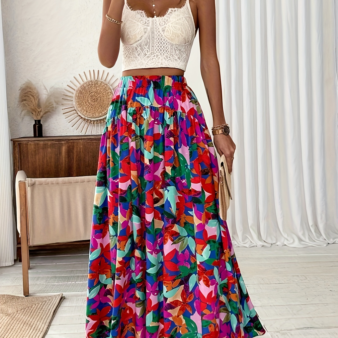 Floral Print A-line Skirt, Vacation Elastic High Waist Maxi Skirt For Spring & Summer, Women's Clothing
Floral Print A-line Skirt, Vacation Elastic High Waist Maxi Skirt For Spring & Summer, Women's Clothing