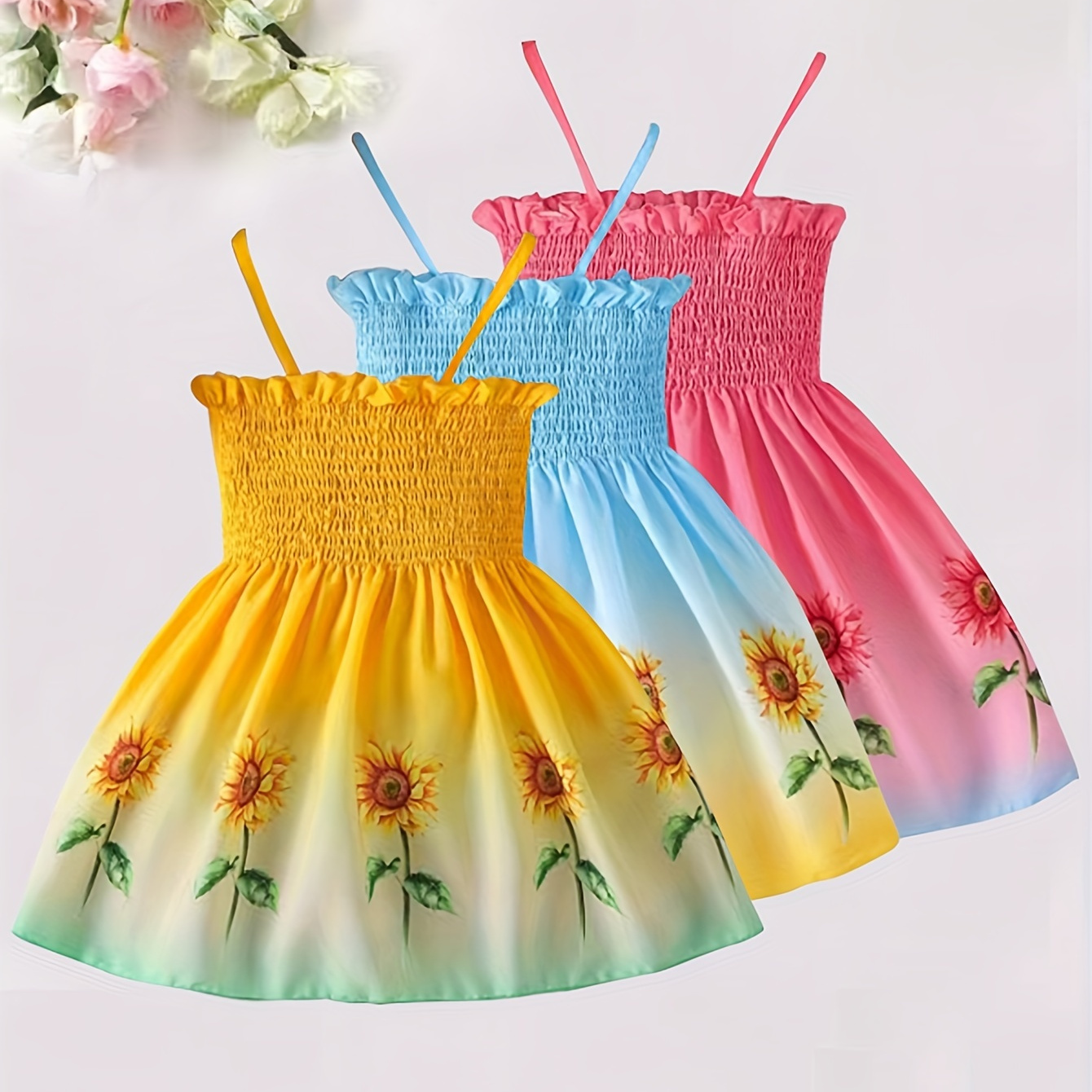 3pcs/set, Sunflower Pattern Smocked Cami Dresses For Girls, Holiday Summer Clothing Gift
3pcs/set, Sunflower Pattern Smocked Cami Dresses For Girls, Holiday Summer Clothing Gift