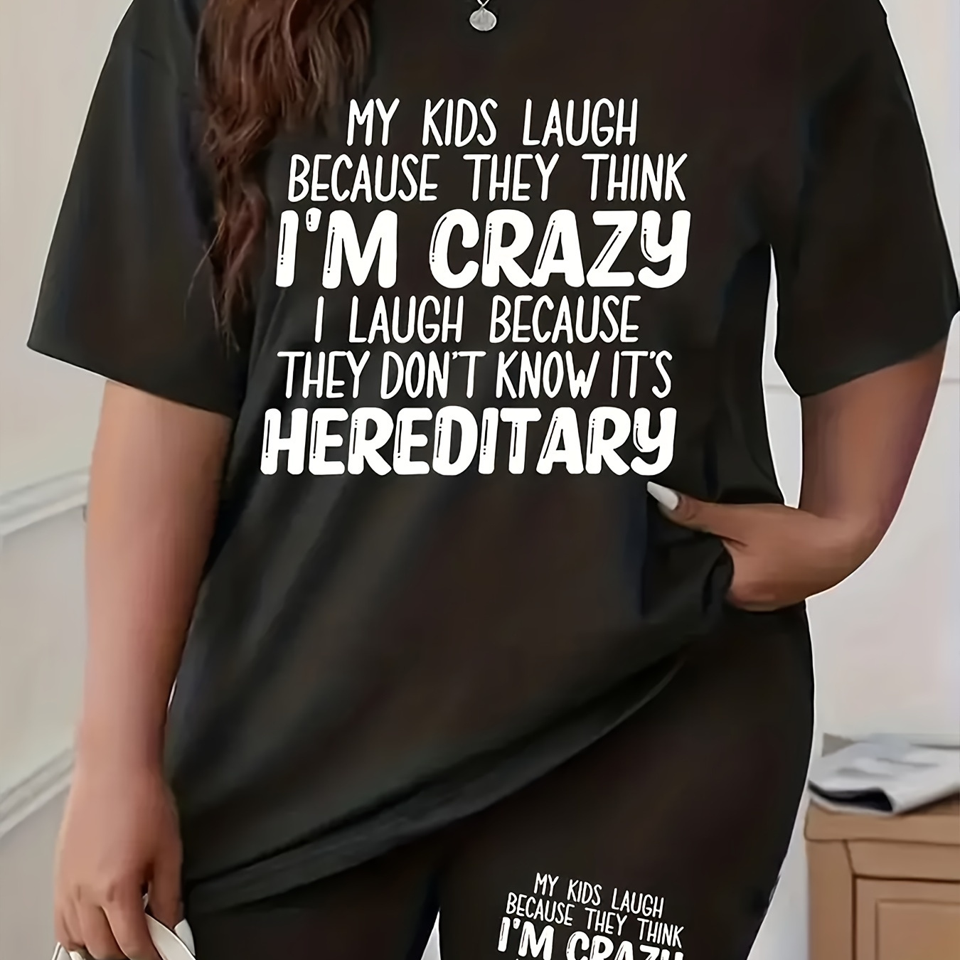 Women' Outfit Set, Plus Size " Laugh Becausethey I'm Crazy, Don't Lt's ' Print Short Sleeve Crew Neck T Shirt Top & Shorts Fitness 2 Piece Set
Women' Outfit Set, Plus Size " Laugh Becausethey I'm Crazy, Don't Lt's ' Print Short Sleeve Crew Neck T Shirt Top & Shorts Fitness 2 Piece Set
