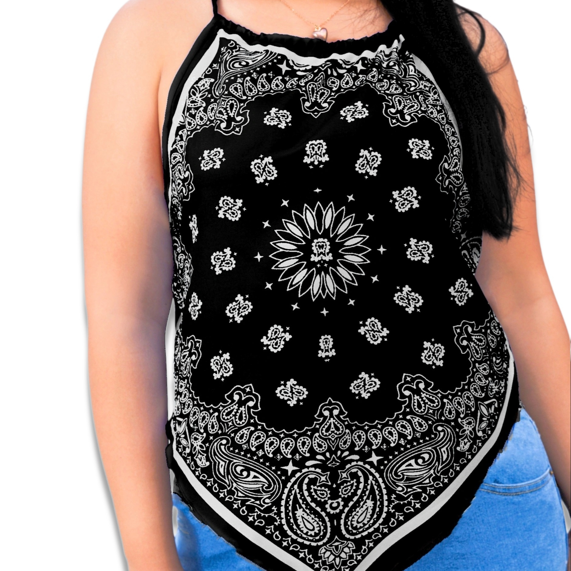 

Plus Size Boho Cami Top, Women's Plus Paisley Print Halter Neck Bandana Hem Slight Stretch Cami Top