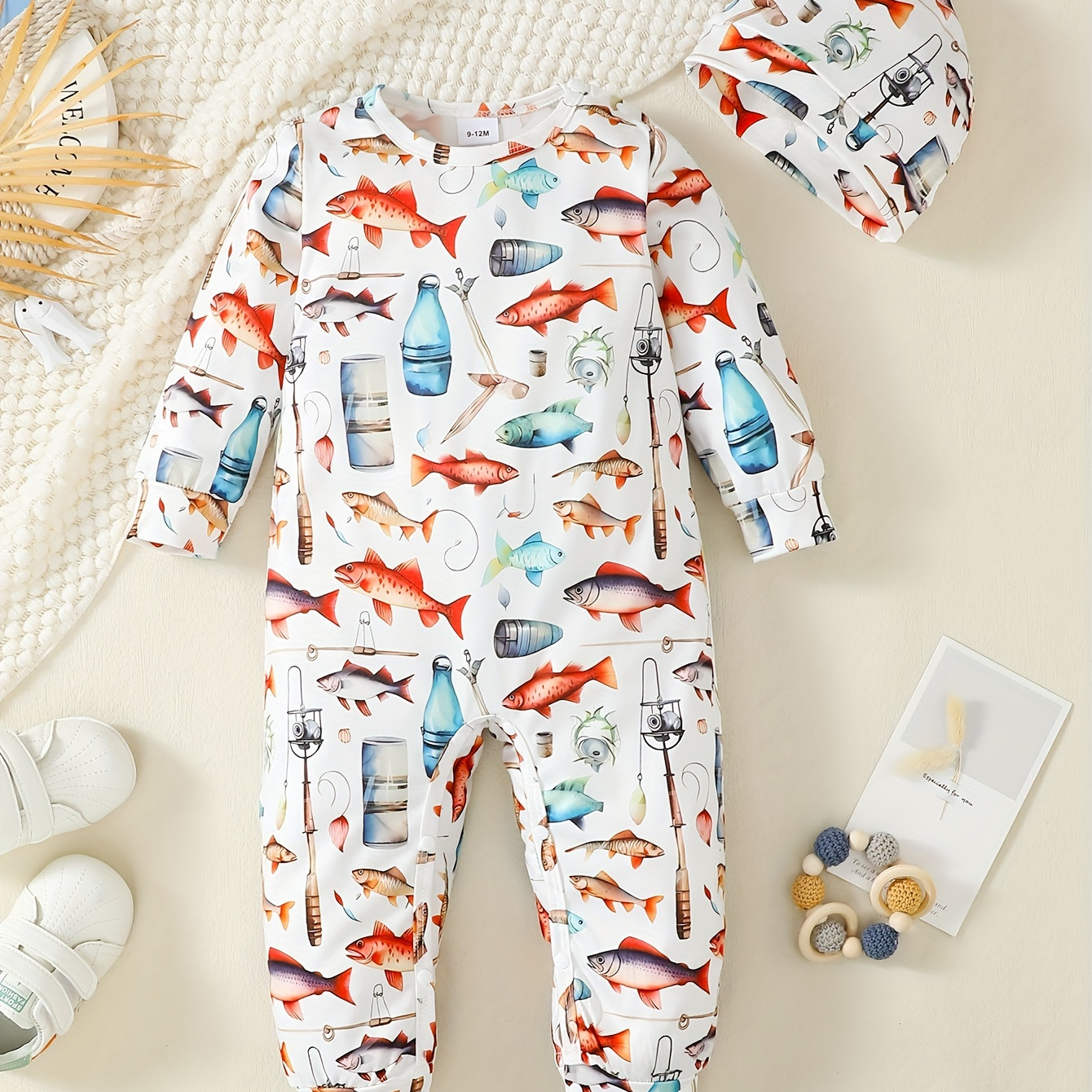 Infant Baby Long-sleeved One-piece Bodysuit Romper, Full-print Small Fish Pattern Jumpsuit With Hat Set
Infant Baby Long-sleeved One-piece Bodysuit Romper, Full-print Small Fish Pattern Jumpsuit With Hat Set