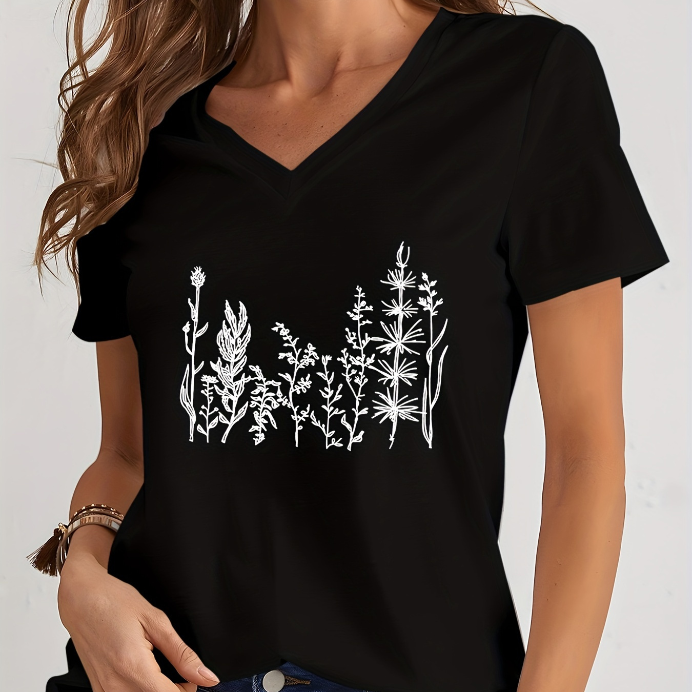 Plant Print V Neck T-shirt, Casual Short Sleeve T-shirt For Spring & Summer, Women's Clothing
Plant Print V Neck T-shirt, Casual Short Sleeve T-shirt For Spring & Summer, Women's Clothing