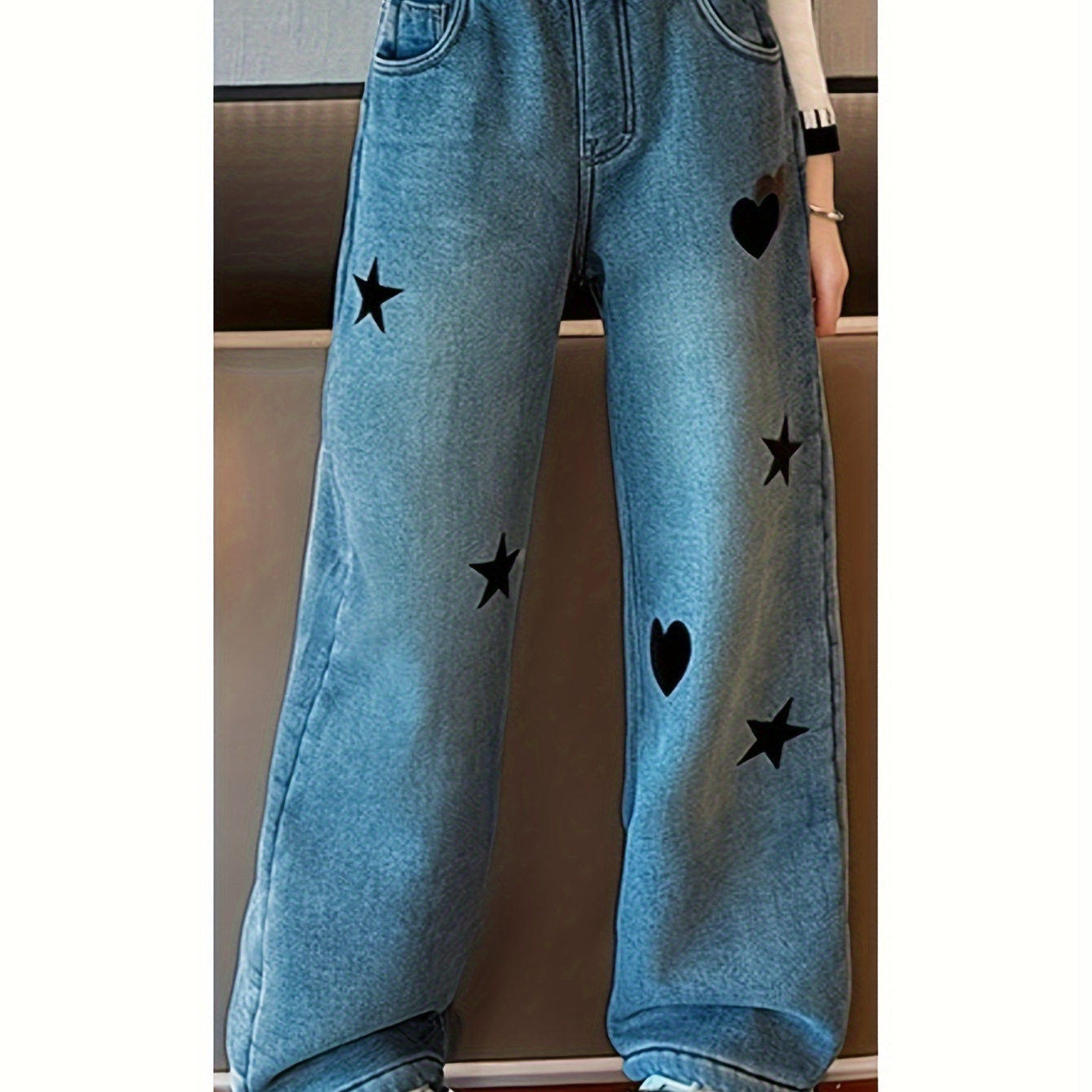 Star & Heart Pattern Girls Casual Jeans Comfy Non-stretch Wide-leg Straight Loose Denim Pants
Star & Heart Pattern Girls Casual Jeans Comfy Non-stretch Wide-leg Straight Loose Denim Pants