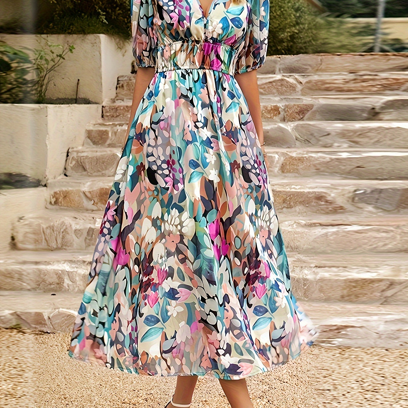 Floral Print V-neck A-line Dress, Elegant Short Sleeve Midi Dress For Spring & Fall, Women's Clothing
Floral Print V-neck A-line Dress, Elegant Short Sleeve Midi Dress For Spring & Fall, Women's Clothing