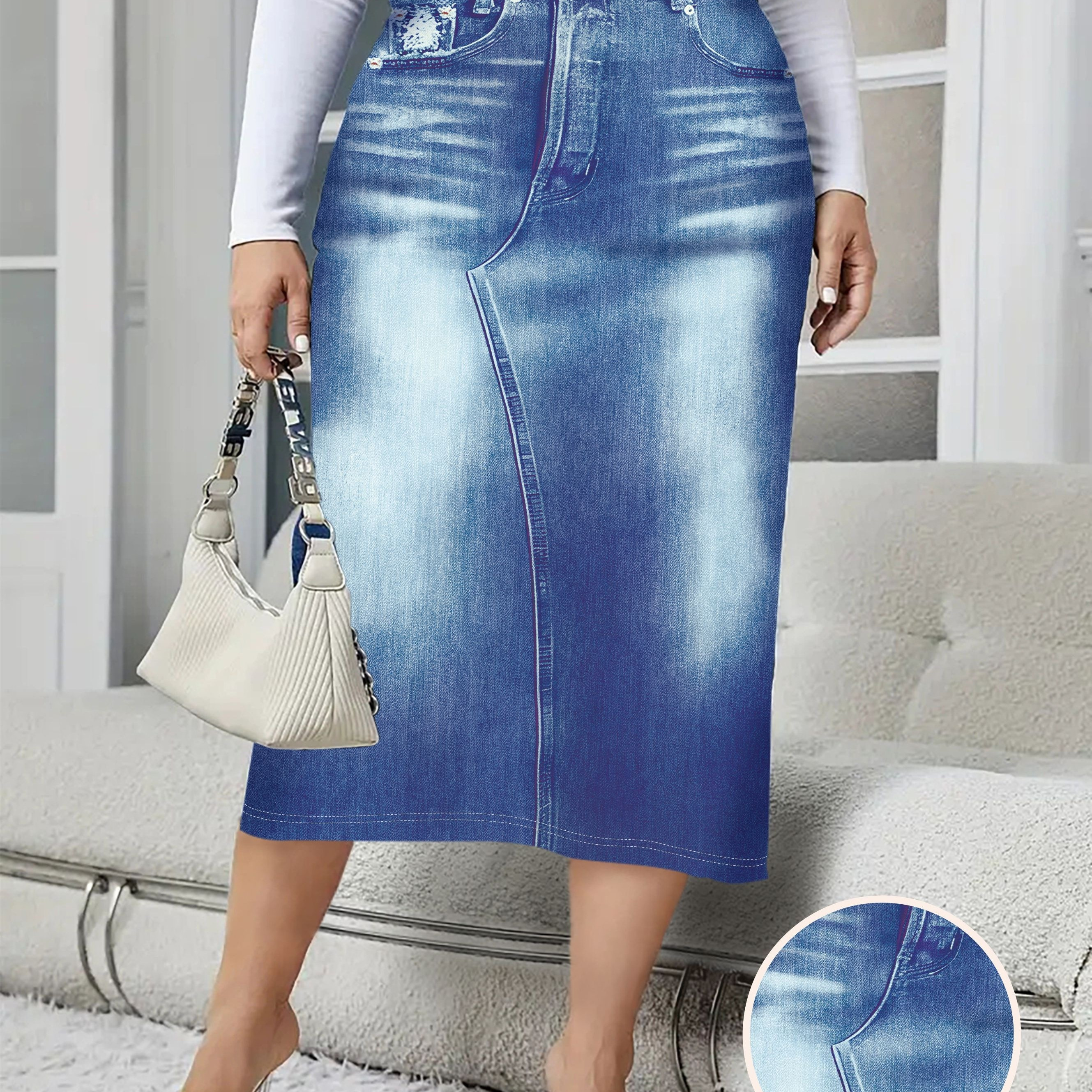 Plus Size All Over Print Faux Denim Skirt, Casual High Waist Midi Skirt For Spring & Summer, Women's Plus Size Clothing
Plus Size All Over Print Faux Denim Skirt, Casual High Waist Midi Skirt For Spring & Summer, Women's Plus Size Clothing