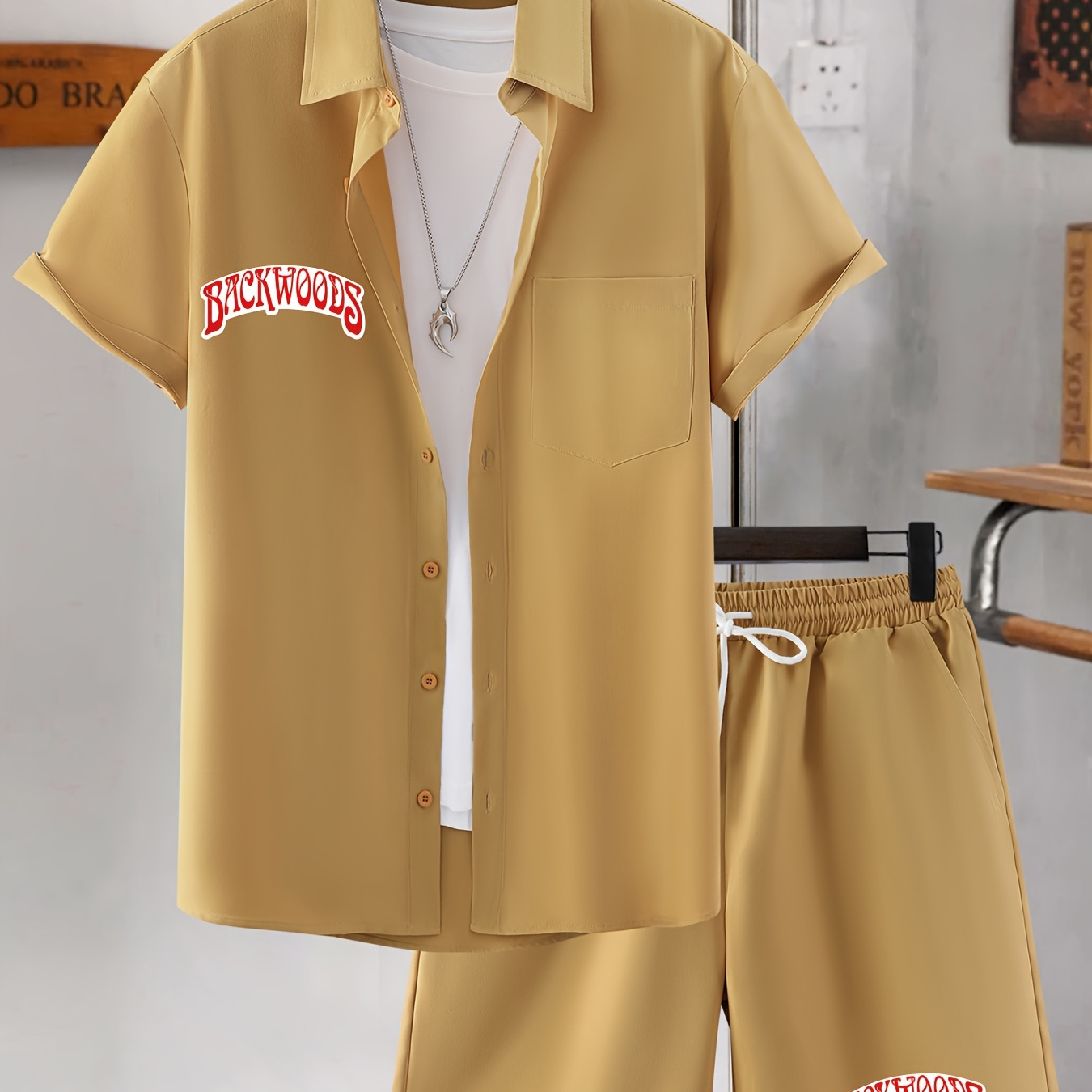 Men's Summer Casual Outfit: Breathable Letter Print Short Sleeve Shirt & Drawstring Shorts Set - Machine Washable
Men's Summer Casual Outfit: Breathable Letter Print Short Sleeve Shirt & Drawstring Shorts Set - Machine Washable