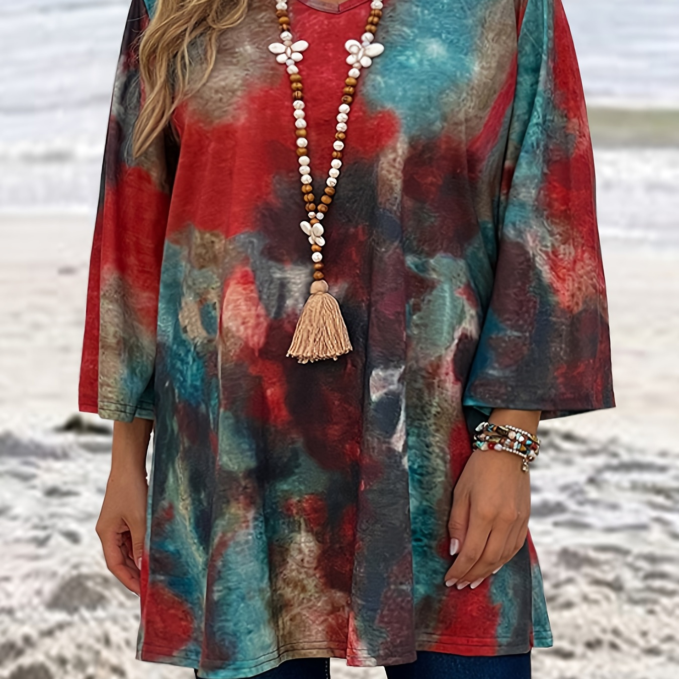 

Plus Size Casual Top, Women's Plus Tie Dye Half Sleeve V Neck Slight Stretch Tunic Top