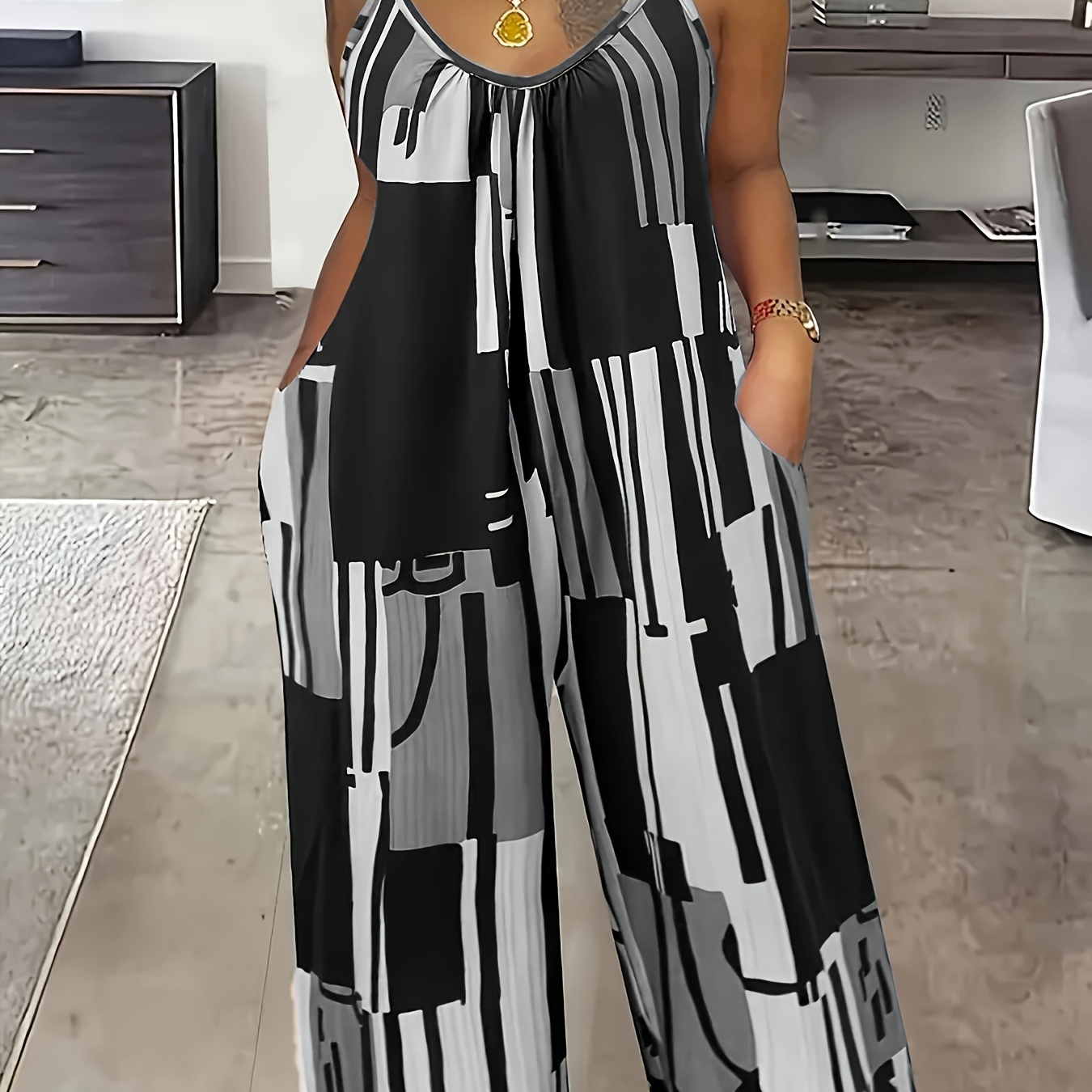 Plus Size Geometric Print Slip Jumpsuit, Casual Crew Neck Sleeveless Pockets Jumpsuit, Women's Plus Size clothing
Plus Size Geometric Print Slip Jumpsuit, Casual Crew Neck Sleeveless Pockets Jumpsuit, Women's Plus Size clothing