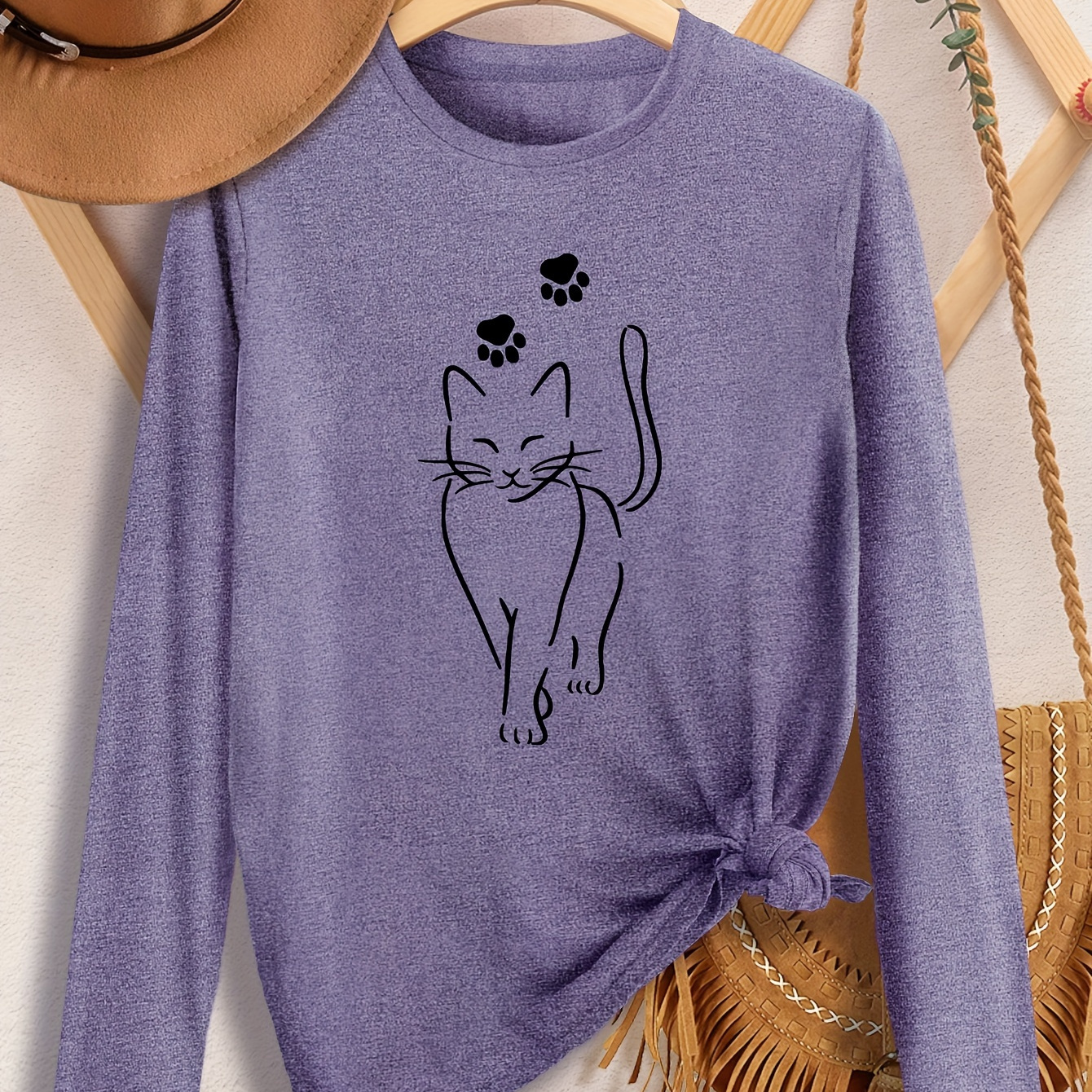 Cute Cat & Paw Graphic Sports T-shirt, Women's Vintage Casual Crew Neck Long Sleeve T-shirt, Stylish Comfort Fit Tee For Autumn
Cute Cat & Paw Graphic Sports T-shirt, Women's Vintage Casual Crew Neck Long Sleeve T-shirt, Stylish Comfort Fit Tee For Autumn