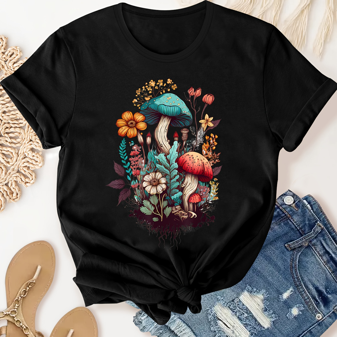 Mushroom Graphic Fashion Sports Tee, Short Sleeve Round Neck Casual T-shirt Top, Women's Activewear
Mushroom Graphic Fashion Sports Tee, Short Sleeve Round Neck Casual T-shirt Top, Women's Activewear
