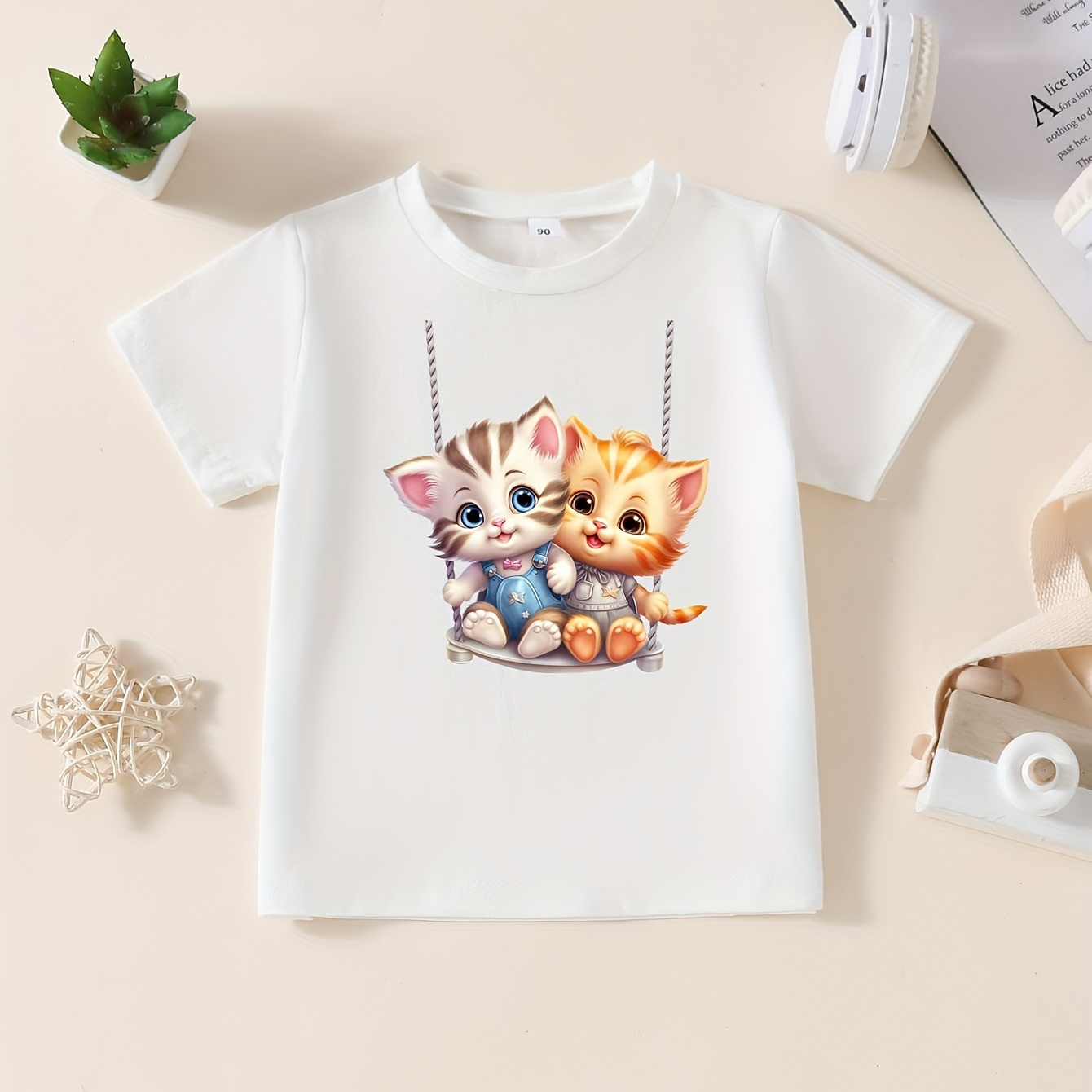 Cute Cartoon Cats Graphic Print, Girls' Comfy & Chic Short Sleeve Crew Neck Cotton Tee For Spring & Summer, Girls' Clothes
Cute Cartoon Cats Graphic Print, Girls' Comfy & Chic Short Sleeve Crew Neck Cotton Tee For Spring & Summer, Girls' Clothes