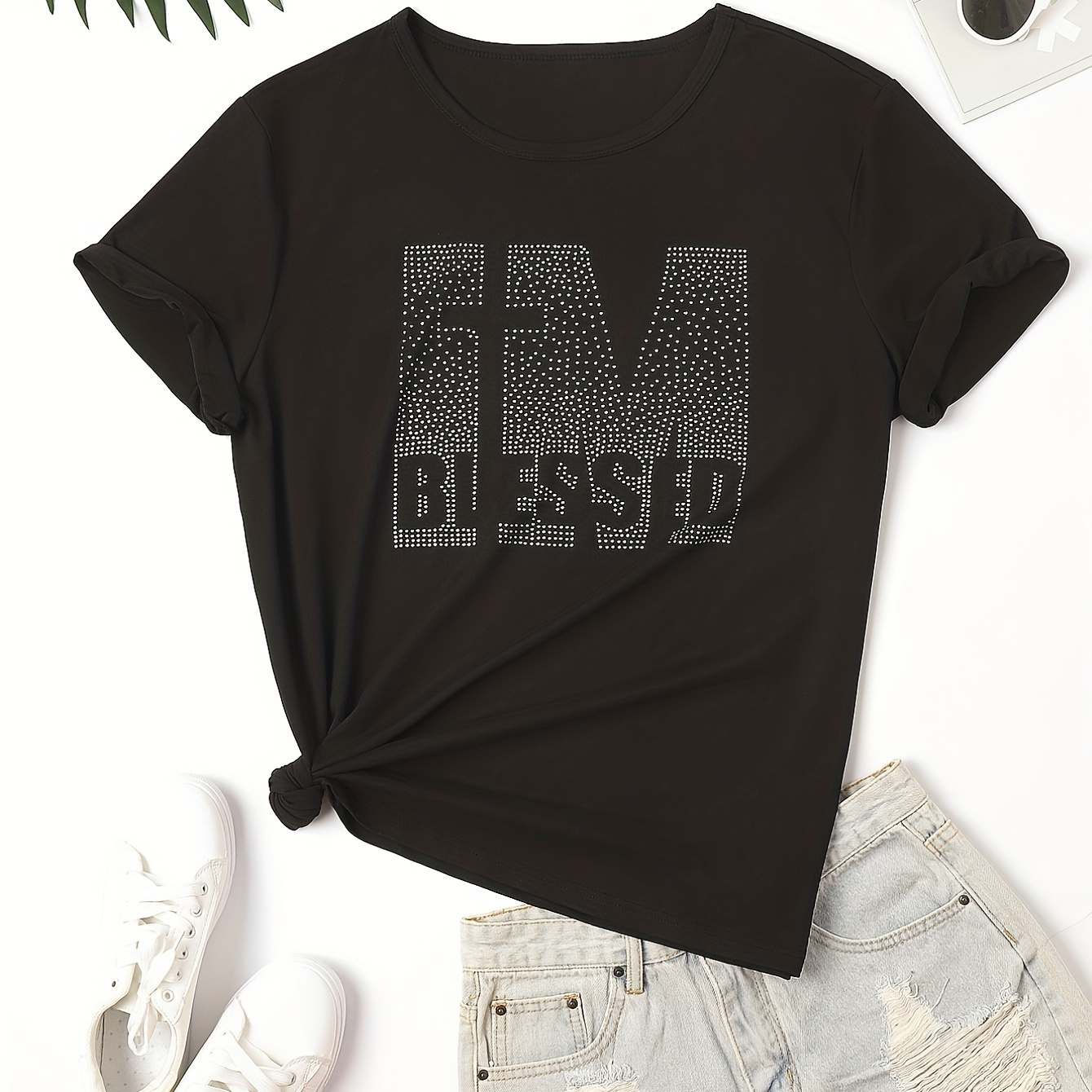 Plus Size T-shirt, Rhinestone Letter Decor Short Sleeve T-shirt, Women's Plus Medium Stretch Casual Tee
Plus Size T-shirt, Rhinestone Letter Decor Short Sleeve T-shirt, Women's Plus Medium Stretch Casual Tee