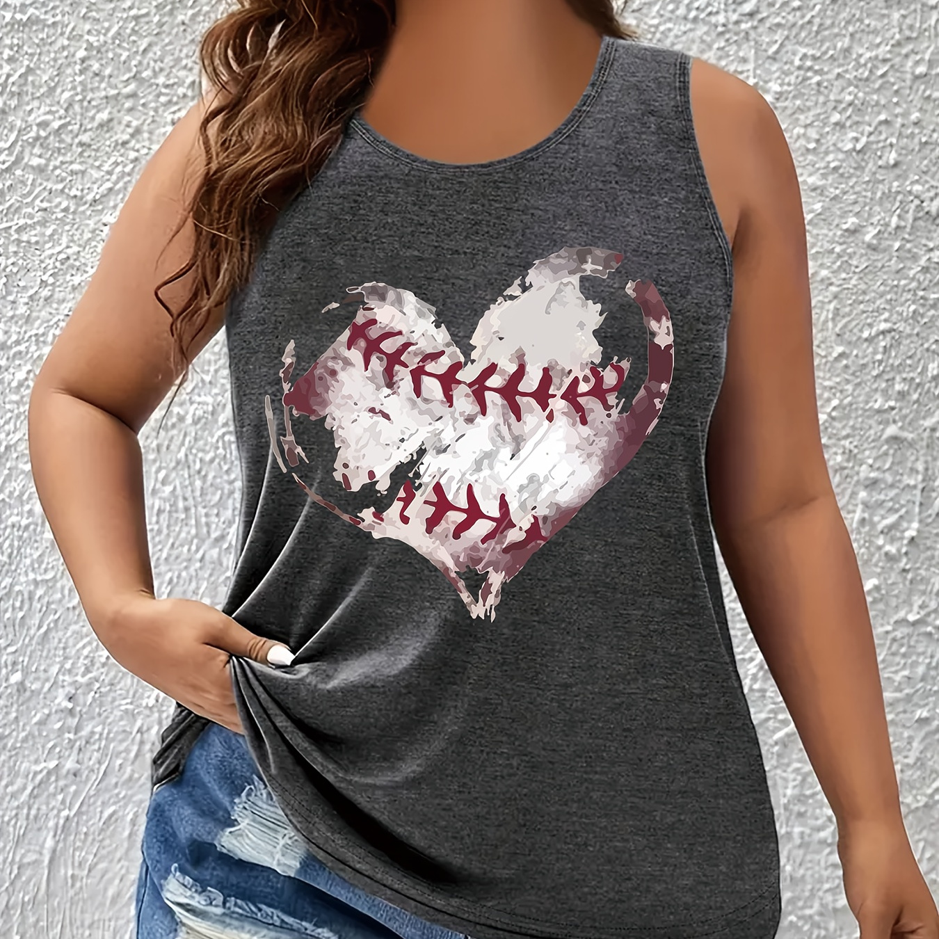 Plus Size Heart Shaped Baseball Print Tank Top, Casual Sleeveless Crew Neck Top For Summer & Spring, Women's Plus Size Clothing
Plus Size Heart Shaped Baseball Print Tank Top, Casual Sleeveless Crew Neck Top For Summer & Spring, Women's Plus Size Clothing
