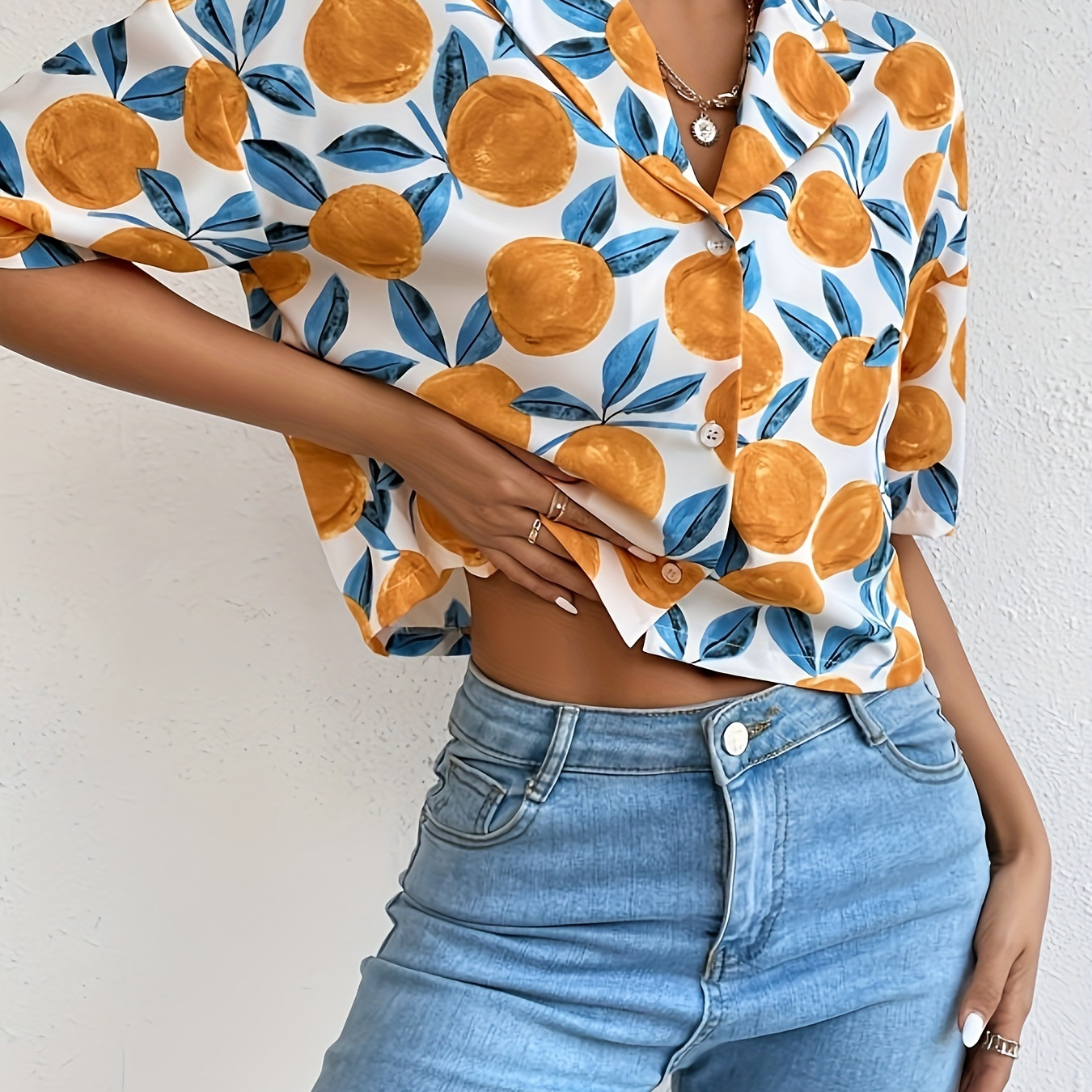 Orange Print Button Front Shirt, Vintage Lapel Drop Shoulder Shirt For Spring & Summer, Women's Clothing
Orange Print Button Front Shirt, Vintage Lapel Drop Shoulder Shirt For Spring & Summer, Women's Clothing