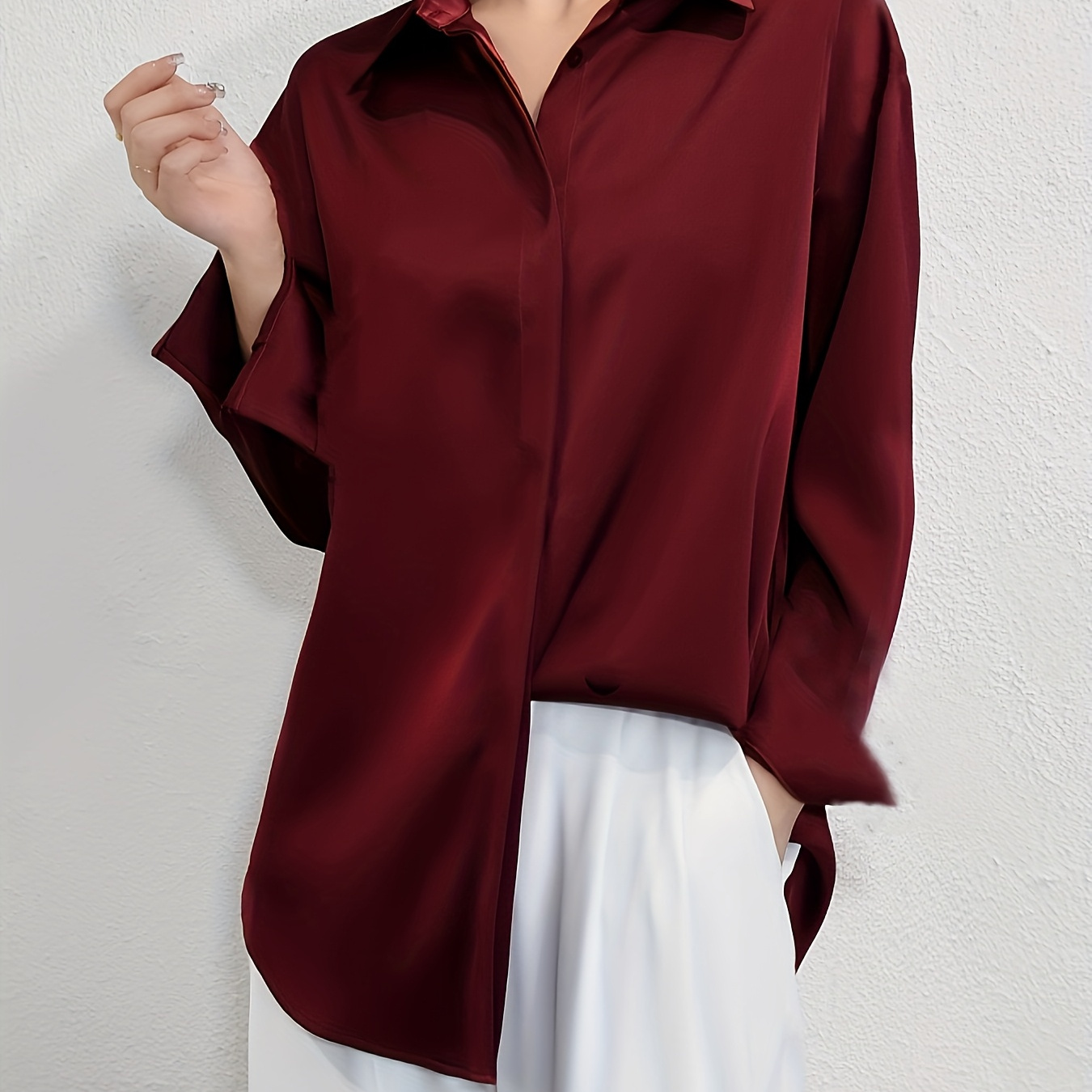 Elegant Women's Satin Long Sleeve Shirt - Burgundy Red, Collar, Smooth , Machine Washable, Work Or Casual Outfits, Office Clothing | Versatile Fashion | , Satin Blouse
Elegant Women's Satin Long Sleeve Shirt - Burgundy Red, Collar, Smooth , Machine Washable, Work Or Casual Outfits, Office Clothing | Versatile Fashion | , Satin Blouse