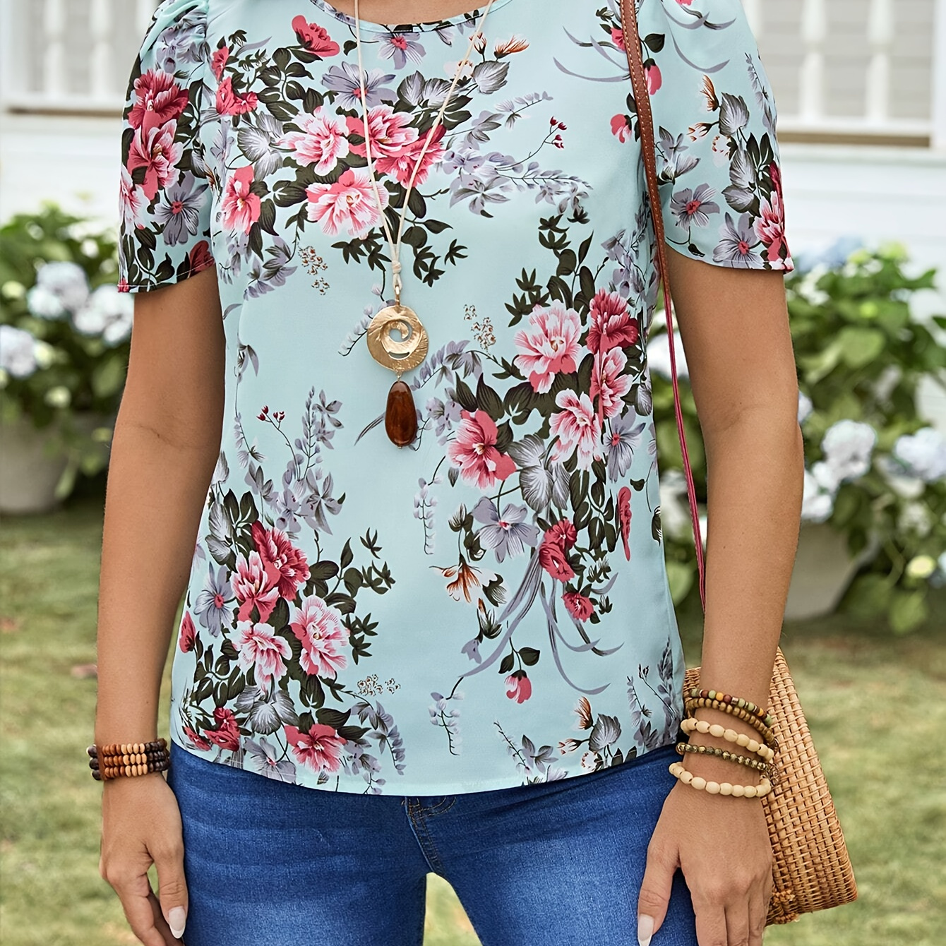 Floral Print Crew Neck Blouse, Elegant Short Sleeve Blouse For Spring & Summer, Women's Clothing
Floral Print Crew Neck Blouse, Elegant Short Sleeve Blouse For Spring & Summer, Women's Clothing