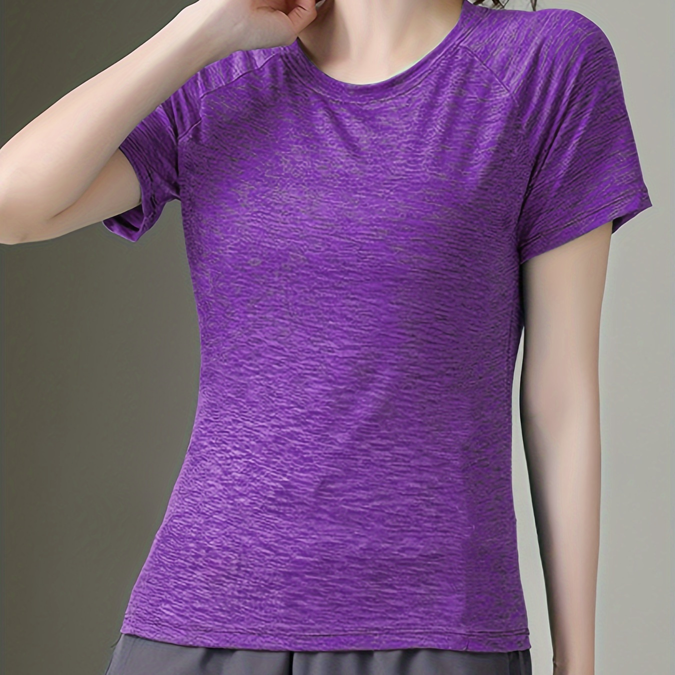 Quick Drying Stretchy Casual T-shirt, Round Neck Short Sleeves Running Tee, Women's Activewear
Quick Drying Stretchy Casual T-shirt, Round Neck Short Sleeves Running Tee, Women's Activewear
