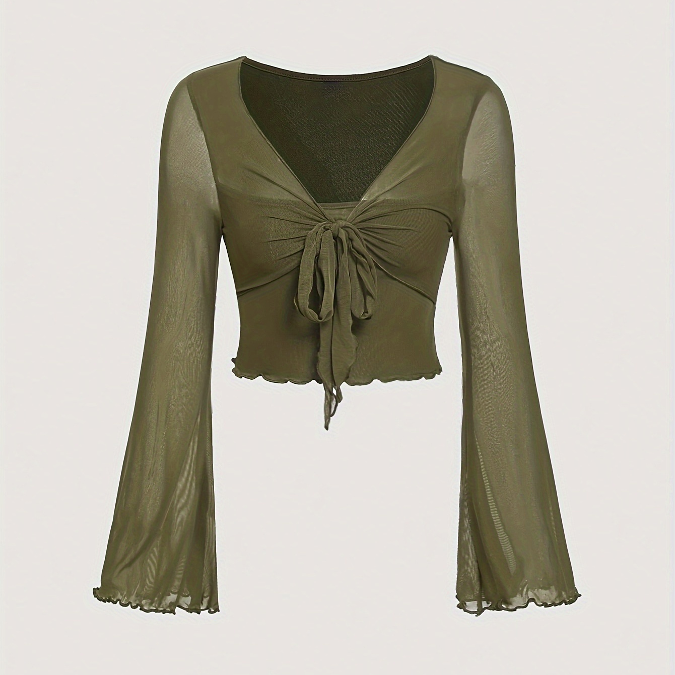 's Day Women’s Sheer V-neck Top With Lettuce Trim & Tie Detail - Long Sleeve, High Stretch Nylon , Olive Green, Casual Spring/fall Fashion, Spring Fashion Top|flowing Sleeve Blouse| Top
's Day Women’s Sheer V-neck Top With Lettuce Trim & Tie Detail - Long Sleeve, High Stretch Nylon , Olive Green, Casual Spring/fall Fashion, Spring Fashion Top|flowing Sleeve Blouse| Top