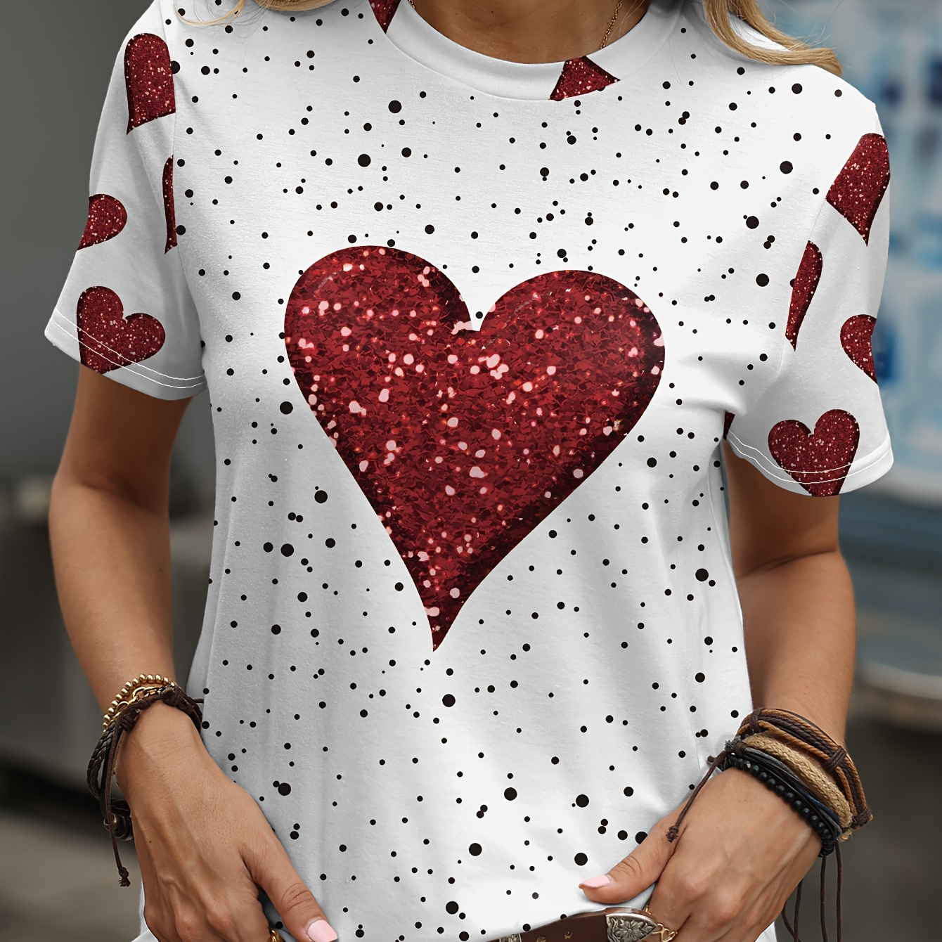 Women's Casual Crew Neck T-shirt With Glitter Heart Print - Polyester (95% Polyester, 5% Spandex), Fit, Breathable Knit, Summer Fashion Tee
Women's Casual Crew Neck T-shirt With Glitter Heart Print - Polyester (95% Polyester, 5% Spandex), Fit, Breathable Knit, Summer Fashion Tee