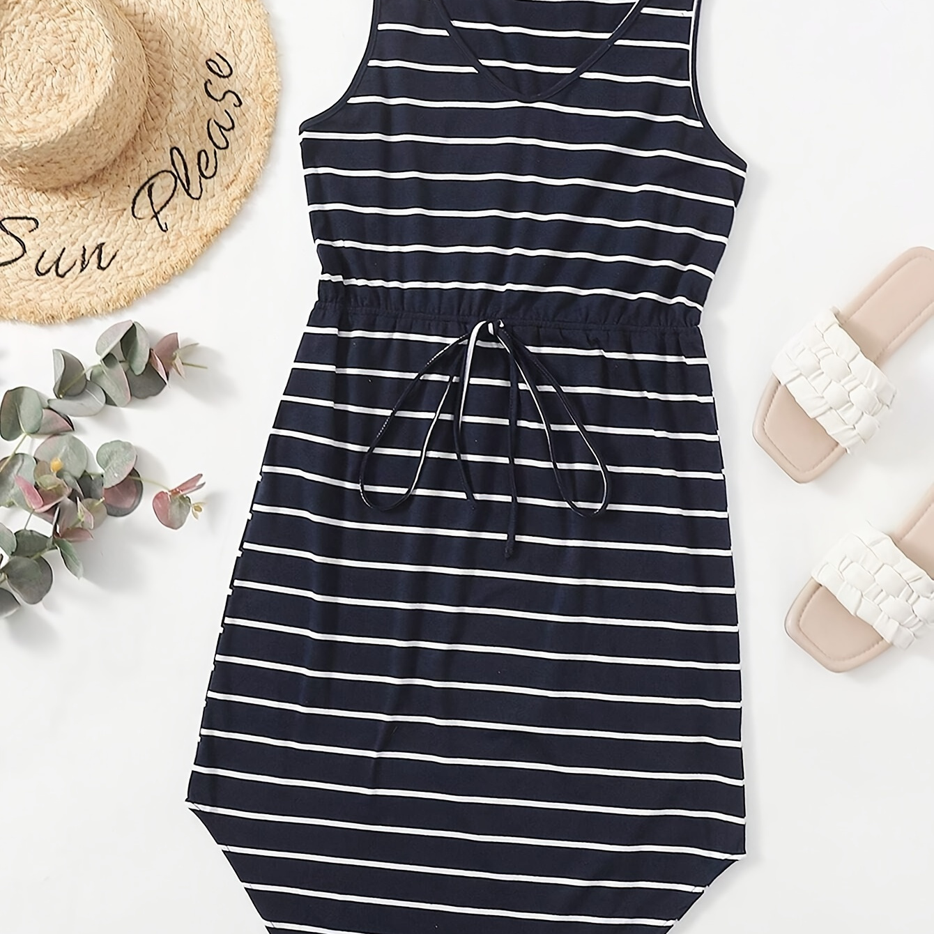 Striped Lace Up Asymmetrical Tank Dress, Elegant Sleeveless V Neck Dress For Spring & Summer, Women's Clothing
Striped Lace Up Asymmetrical Tank Dress, Elegant Sleeveless V Neck Dress For Spring & Summer, Women's Clothing