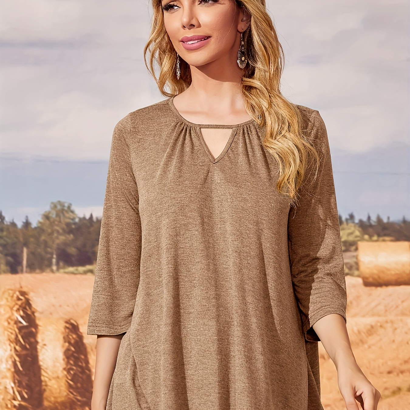 Solid Color Cut Out T-shirt, Casual Crew Neck 3/4 Sleeve T-shirt For Spring & Fall, Women's Clothing
Solid Color Cut Out T-shirt, Casual Crew Neck 3/4 Sleeve T-shirt For Spring & Fall, Women's Clothing
