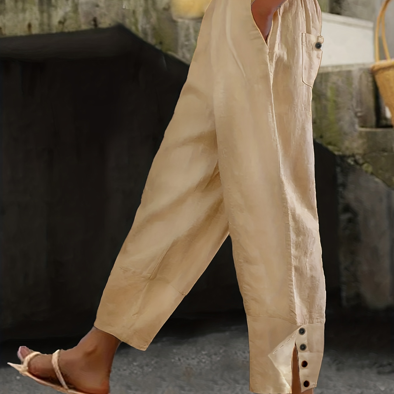 

Plus Size Casual Pants, Women's Plus Solid Elastic Ruched Button Trousers With Pockets