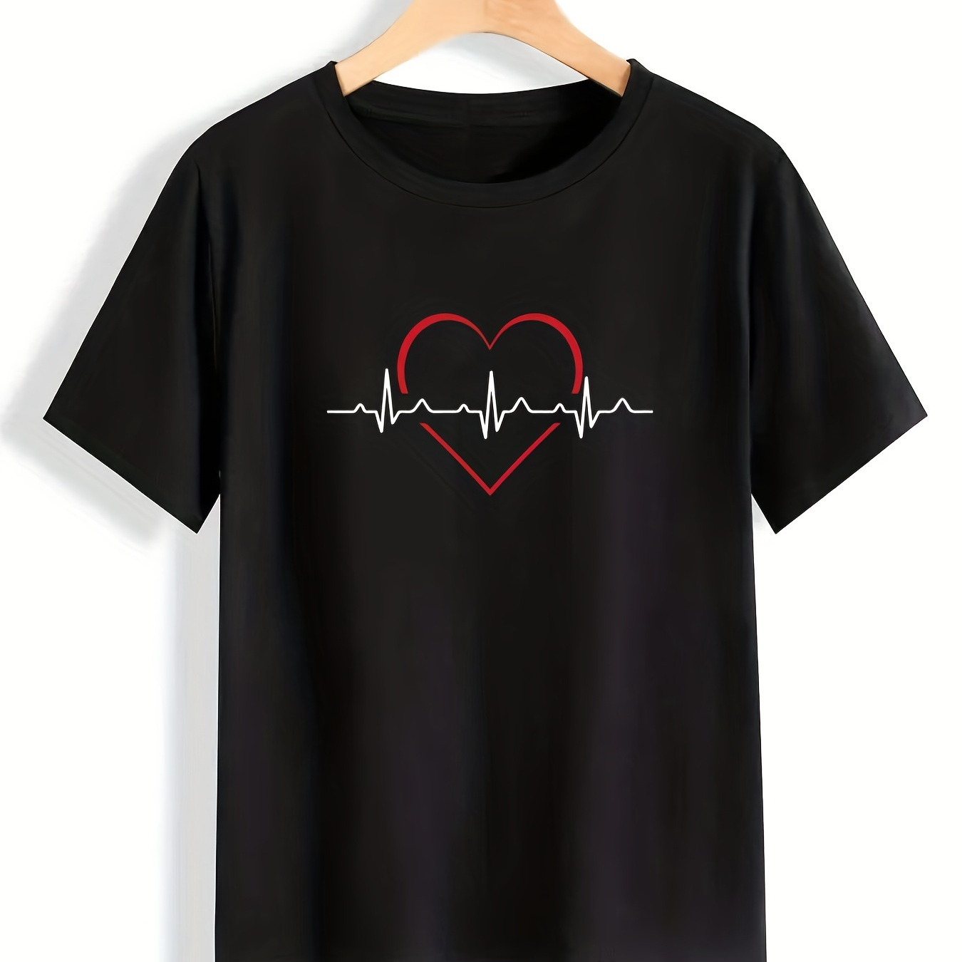 Plus Size Casual T-shirt, Women's Plus Heart Print Short Sleeve Round Neck Slight Stretch T-shirt
Plus Size Casual T-shirt, Women's Plus Heart Print Short Sleeve Round Neck Slight Stretch T-shirt