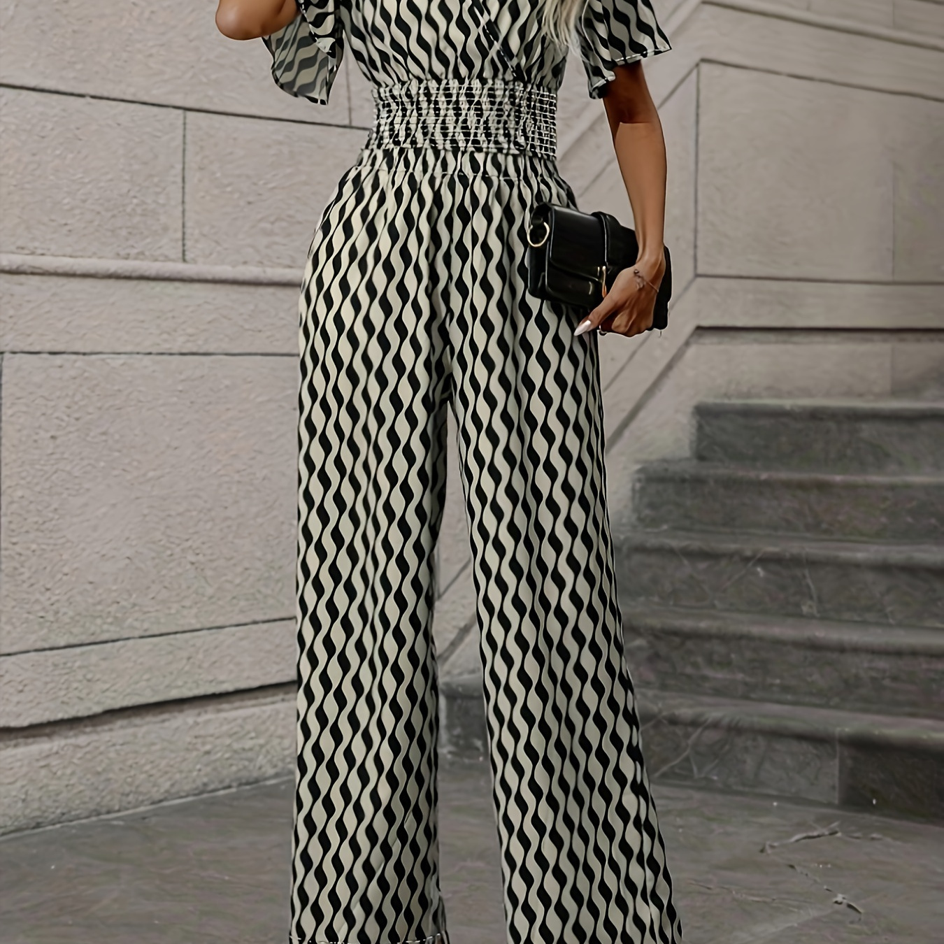 Elegant Wave Striped Pants Set, V-neck Shirred Trim Flutter Sleeve Top & High Waist Wide Leg Loose Pants, Women's Clothing
Elegant Wave Striped Pants Set, V-neck Shirred Trim Flutter Sleeve Top & High Waist Wide Leg Loose Pants, Women's Clothing