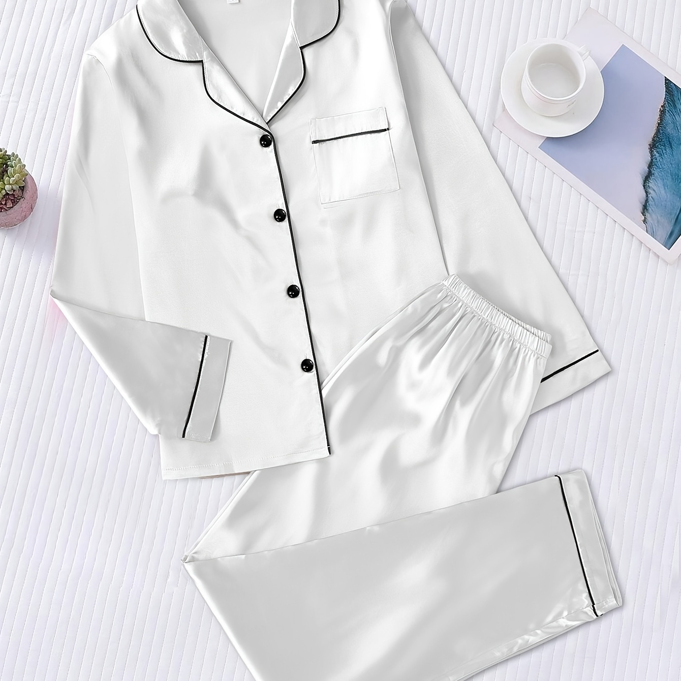 Women's Elegant Solid Satin Pajama Set, Long Sleeve Buttons Lapel Top & Pants, Comfortable Relaxed Fit For Autumn & Winter
Women's Elegant Solid Satin Pajama Set, Long Sleeve Buttons Lapel Top & Pants, Comfortable Relaxed Fit For Autumn & Winter