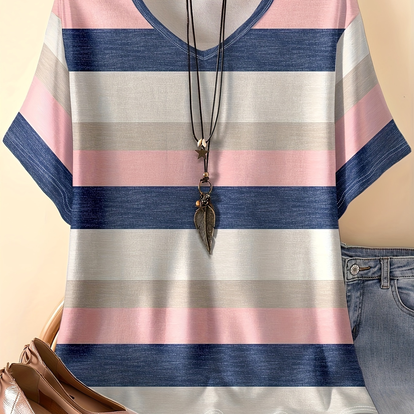 Plus Size Stripe Print T-shirt, Casual Short Sleeve Top For Spring & Summer, Women's Plus Size Clothing
Plus Size Stripe Print T-shirt, Casual Short Sleeve Top For Spring & Summer, Women's Plus Size Clothing
