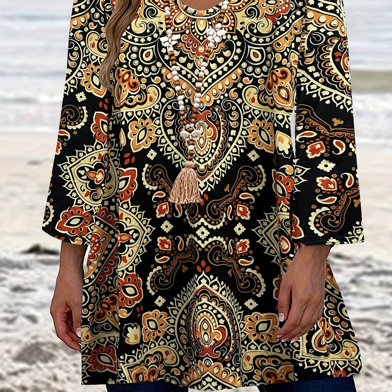 Plus Size Boho Top, Women's Plus Arabesque Print 3 Quarter Sleeve V Neck Slight Stretch Top
Plus Size Boho Top, Women's Plus Arabesque Print 3 Quarter Sleeve V Neck Slight Stretch Top