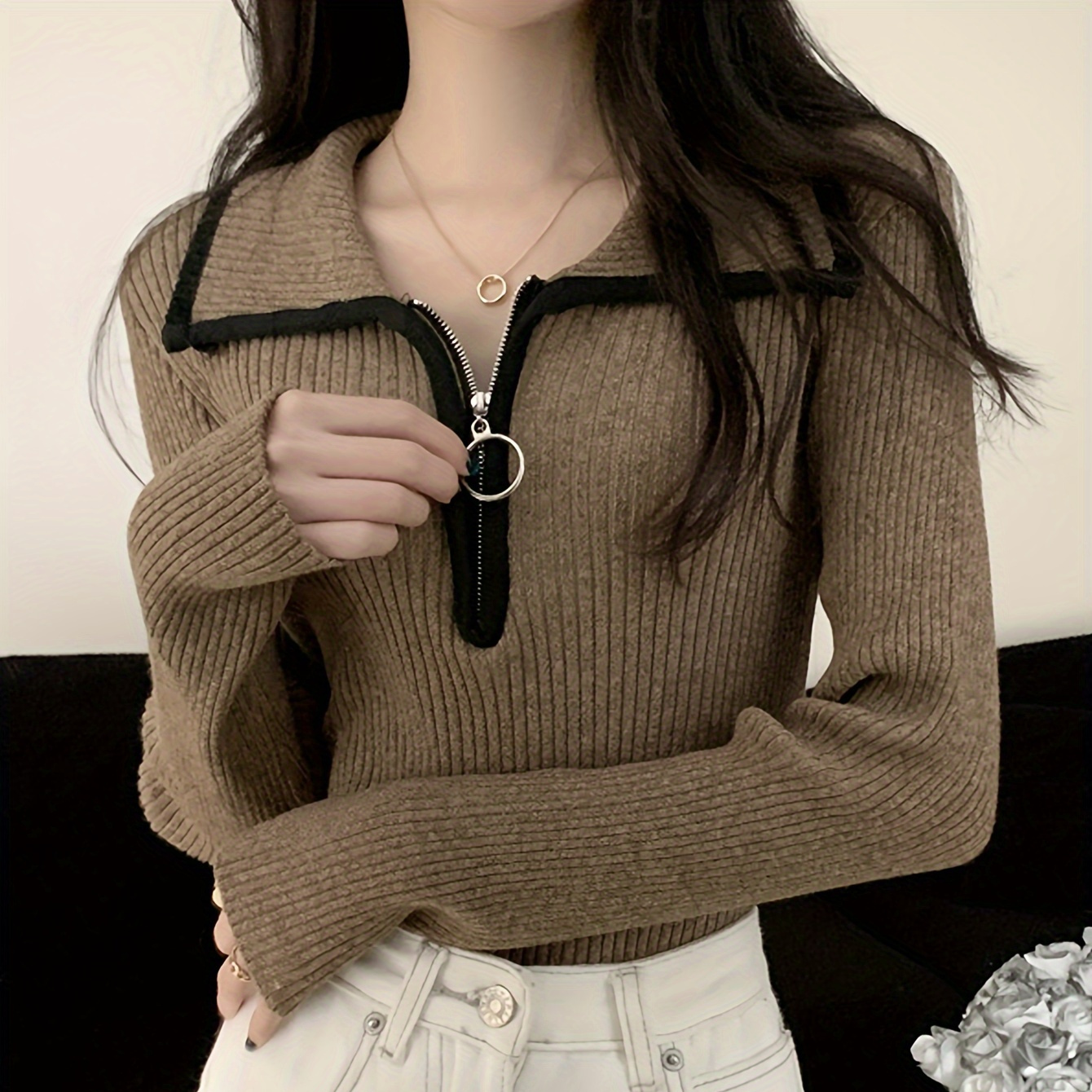 Chic Zip-up Collar Sweater For Women - Casual Long Sleeve Knit Top, Slim Fit, Stretchy Acrylic , Spring & Fall
Chic Zip-up Collar Sweater For Women - Casual Long Sleeve Knit Top, Slim Fit, Stretchy Acrylic , Spring & Fall