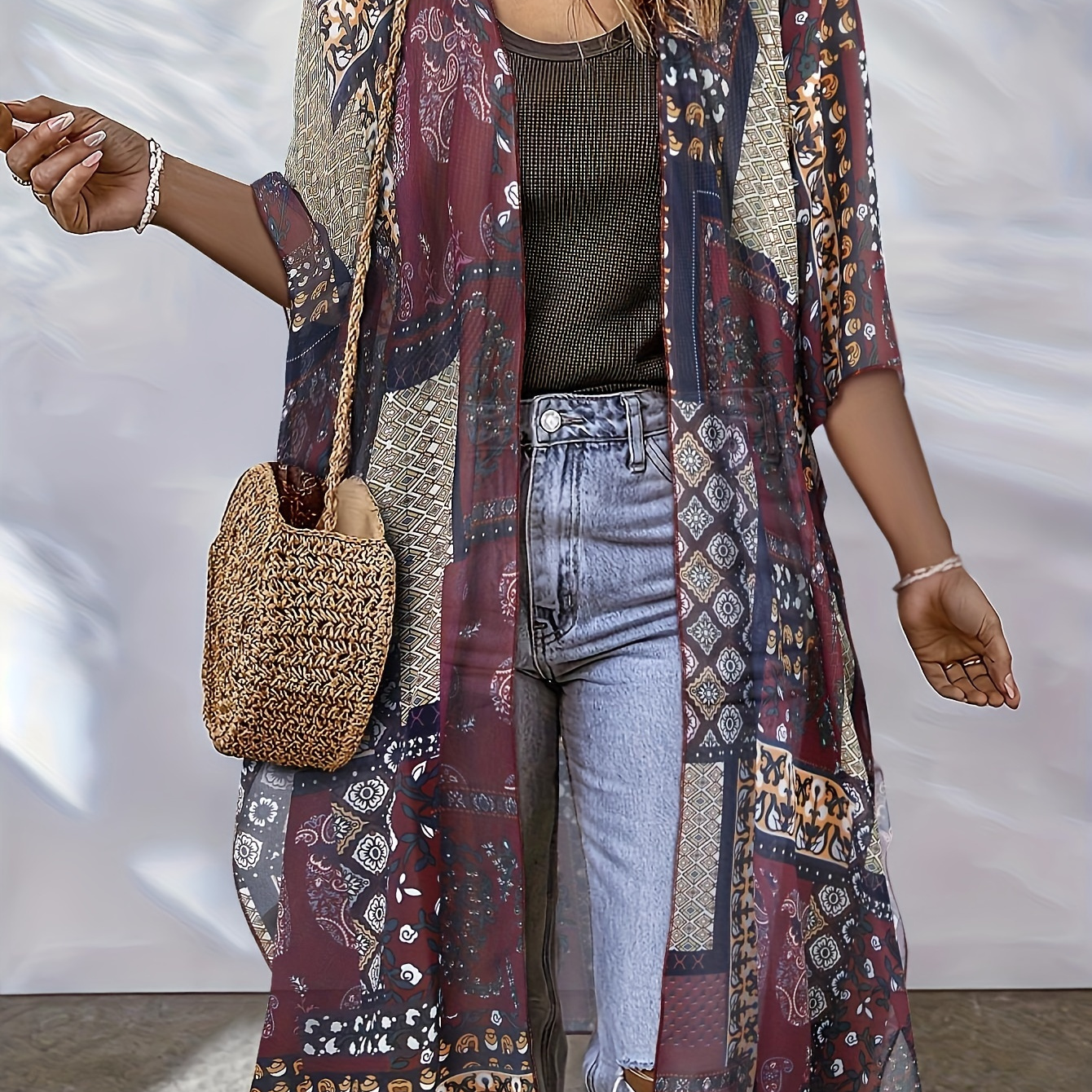 Plus Size Floral Print Kimono, Vacation Casual Open Front Cover Up, Women's Plus Size Clothing
Plus Size Floral Print Kimono, Vacation Casual Open Front Cover Up, Women's Plus Size Clothing