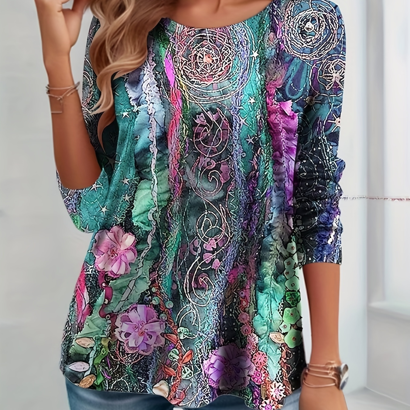 Floral Print Crew Neck T-shirt, Casual Long Sleeve Top For Spring & Fall, Women's Clothing
Floral Print Crew Neck T-shirt, Casual Long Sleeve Top For Spring & Fall, Women's Clothing