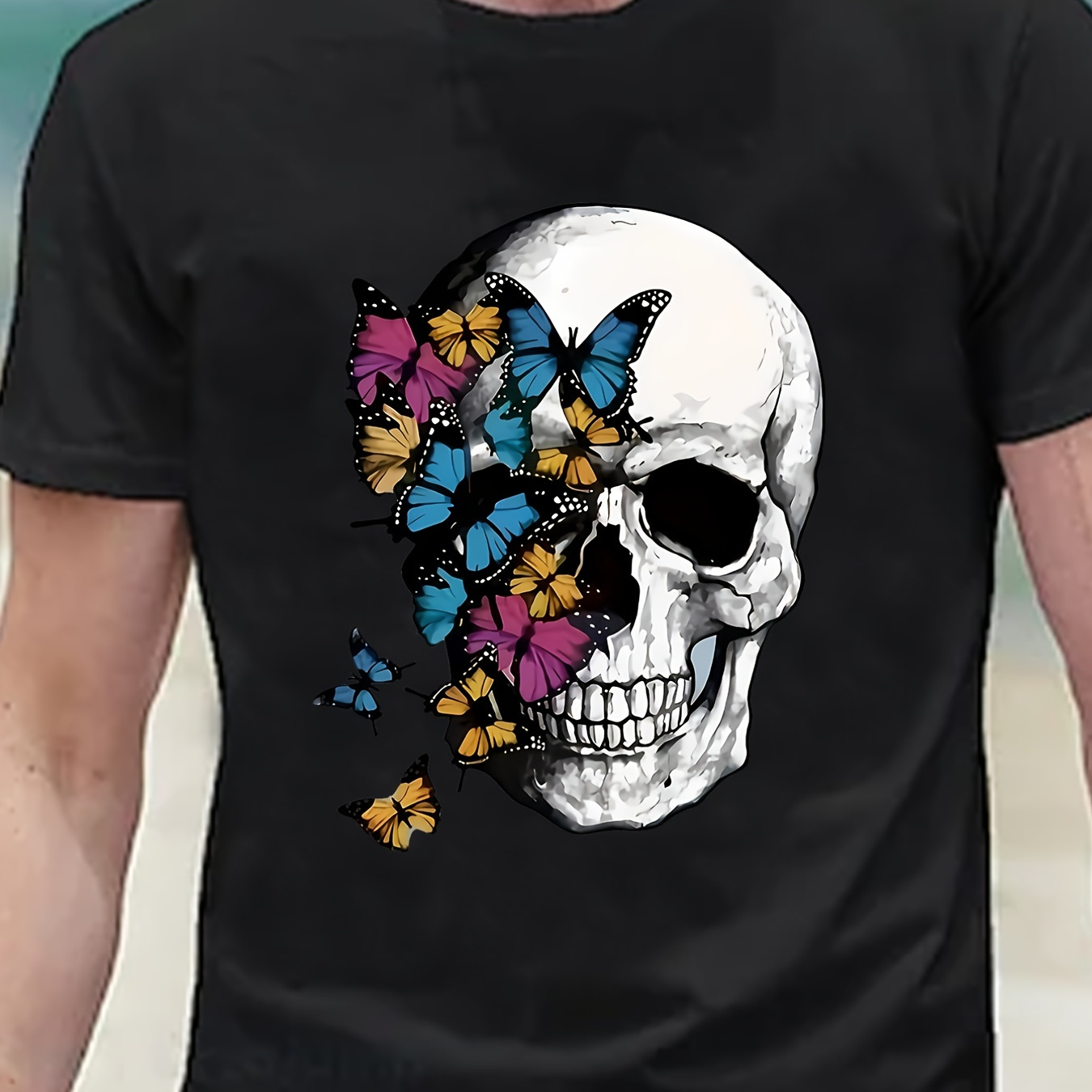 Skull & Butterfly Pattern T-shirt, Men's Casual Street Style Stretch Round Neck Tee Shirt For Summer
Skull & Butterfly Pattern T-shirt, Men's Casual Street Style Stretch Round Neck Tee Shirt For Summer