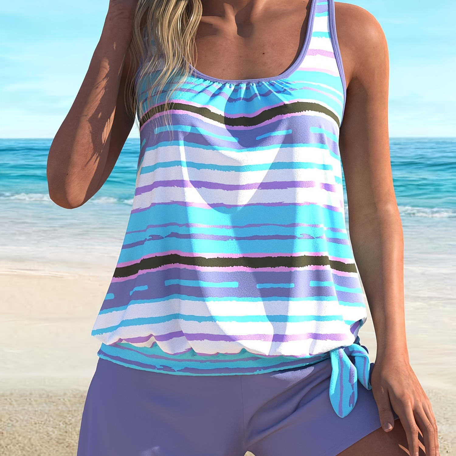 Women's Retro Styletankini Set, Plus Size Striped Print Scoop Neck Bow Decor Top & Panty Swimsuit 2 Piece Set
Women's Retro Styletankini Set, Plus Size Striped Print Scoop Neck Bow Decor Top & Panty Swimsuit 2 Piece Set