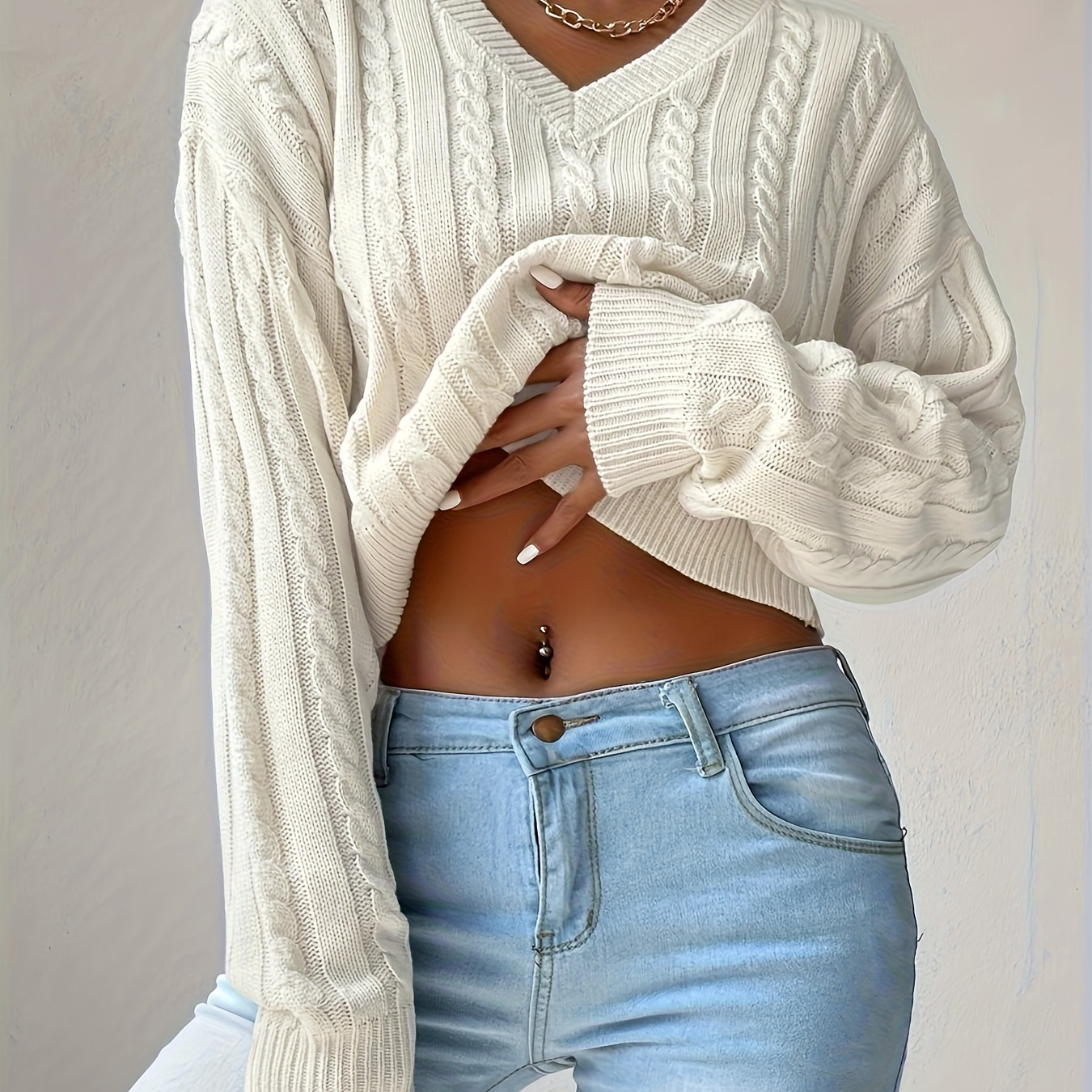 Solid Color V-neck Pullover Sweater, Sexy Long Sleeve Cable Knitted Sweater For Fall & Winter, Women's Clothing
Solid Color V-neck Pullover Sweater, Sexy Long Sleeve Cable Knitted Sweater For Fall & Winter, Women's Clothing
