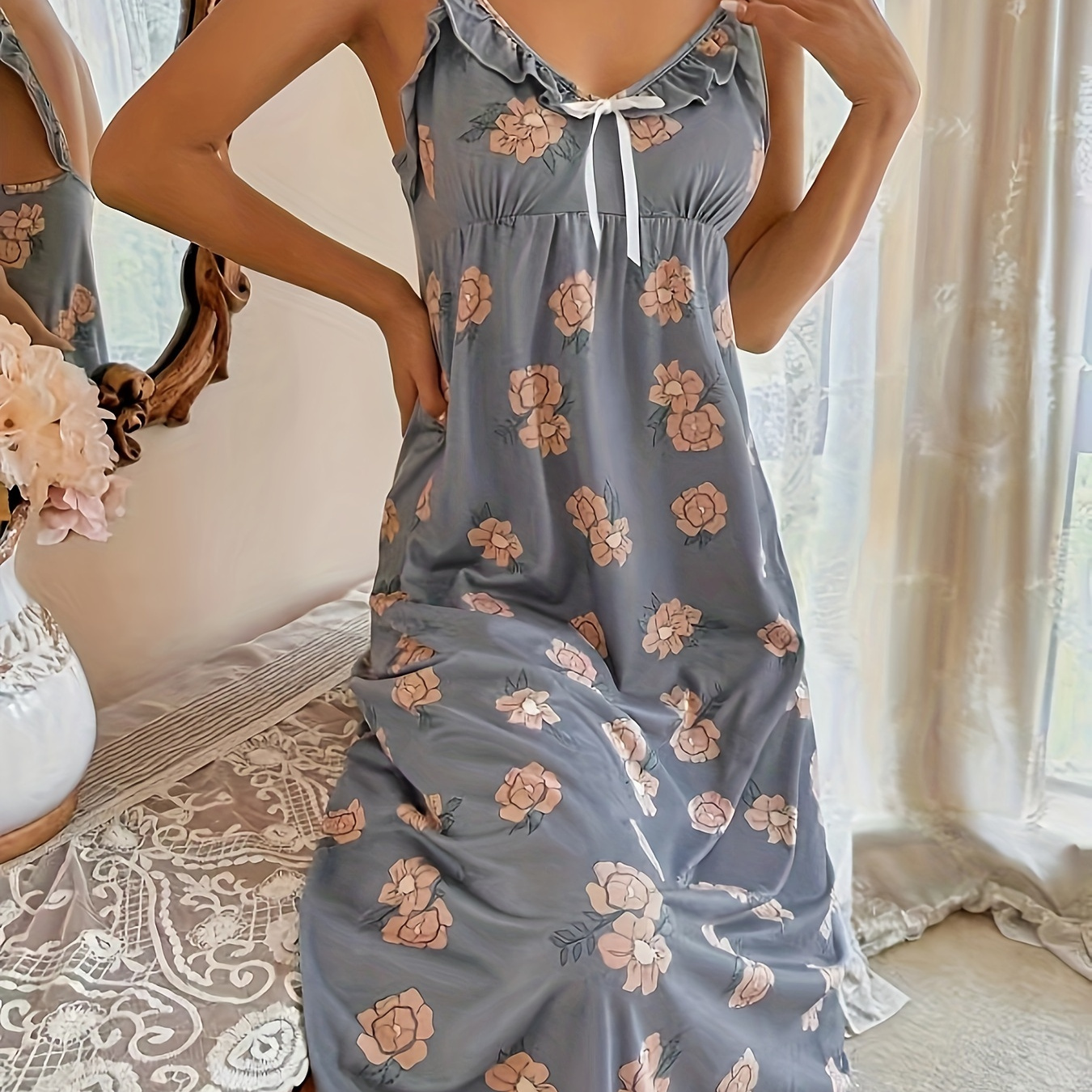 Floral Print Ruffle Trim Slip Nightdress, Elegant Bow Decor V Neck Midi Sleep Dress, Women's Sleepwear
Floral Print Ruffle Trim Slip Nightdress, Elegant Bow Decor V Neck Midi Sleep Dress, Women's Sleepwear