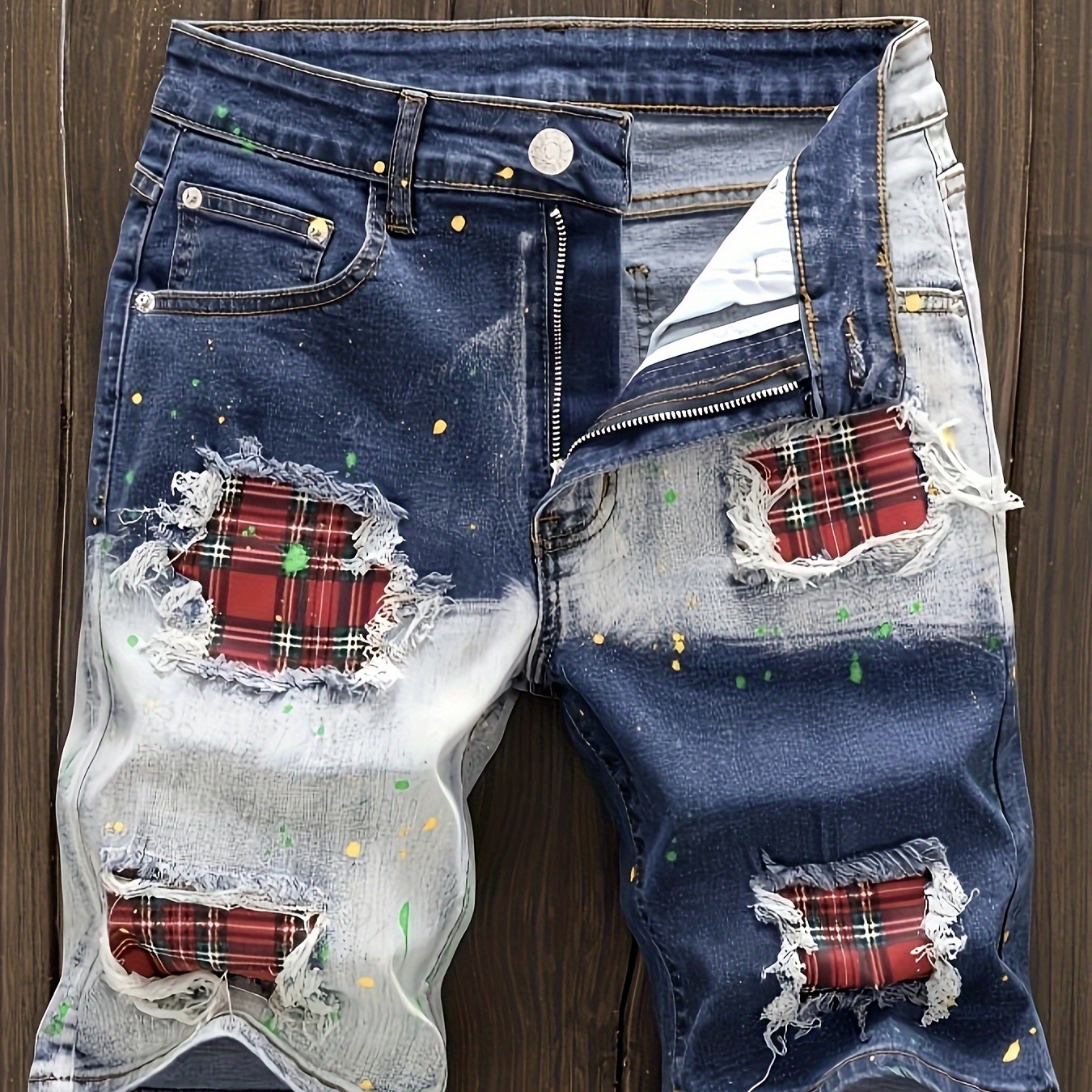 Men's Creative Plaid Pattern Graphic Print Denim Shorts For Summer, Daily Life Casual Contrast Color Jorts
Men's Creative Plaid Pattern Graphic Print Denim Shorts For Summer, Daily Life Casual Contrast Color Jorts