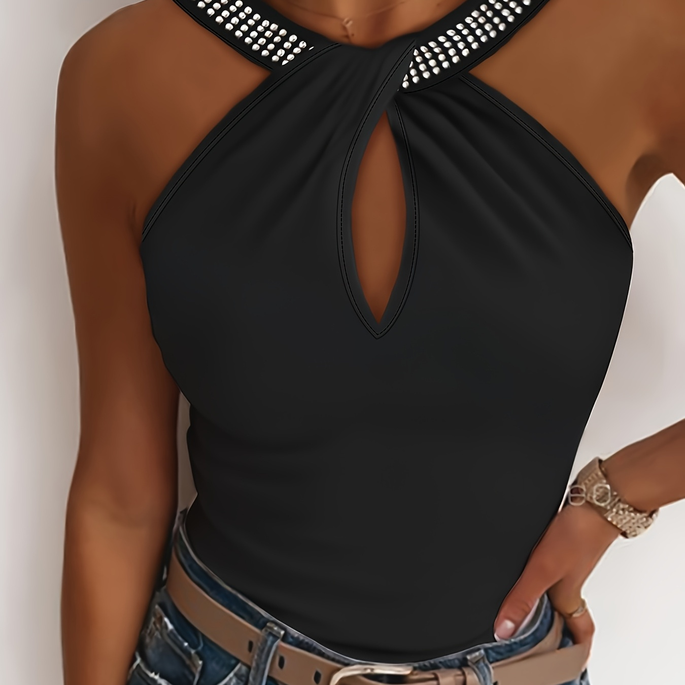 Elegant Women's Off-shoulder Sleeveless Tank Top With Rhinestone Detail - Casual Black Polyester Vest, Machine Washable For Spring/summer
Elegant Women's Off-shoulder Sleeveless Tank Top With Rhinestone Detail - Casual Black Polyester Vest, Machine Washable For Spring/summer