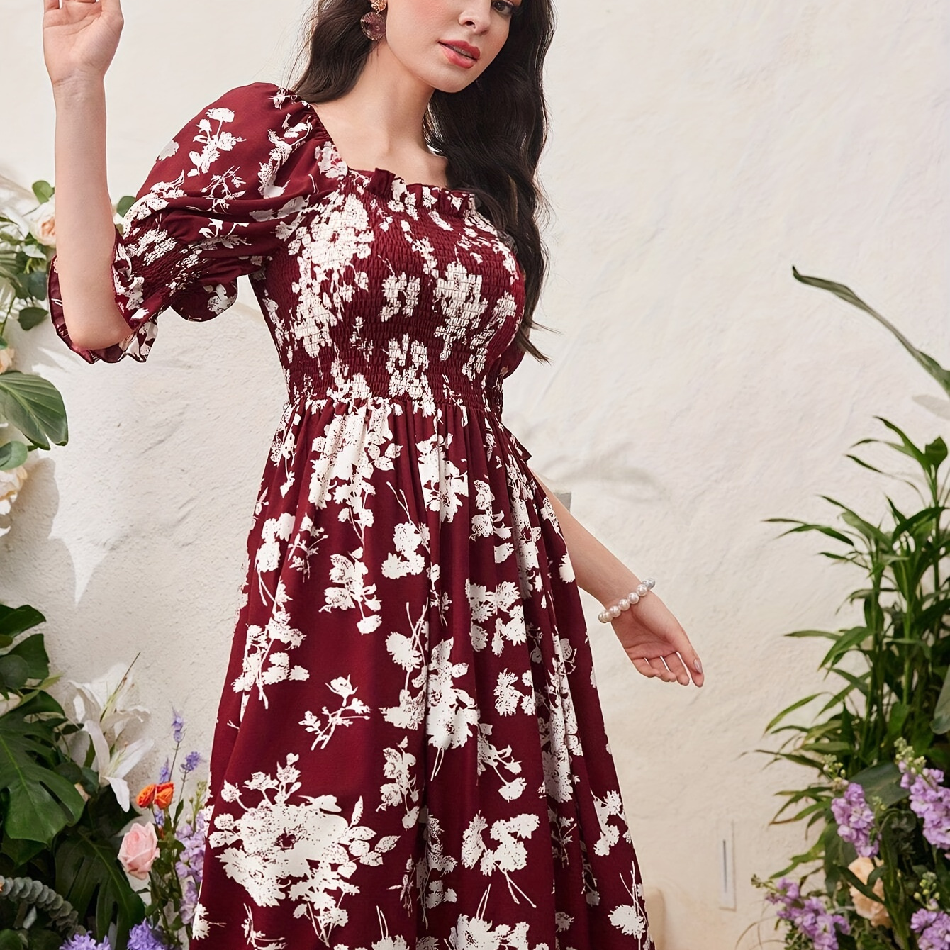 Floral Print Square Neck Shirred Dress, Elegant Short Sleeve Dress For Spring & Summer, Women's Clothing
Floral Print Square Neck Shirred Dress, Elegant Short Sleeve Dress For Spring & Summer, Women's Clothing