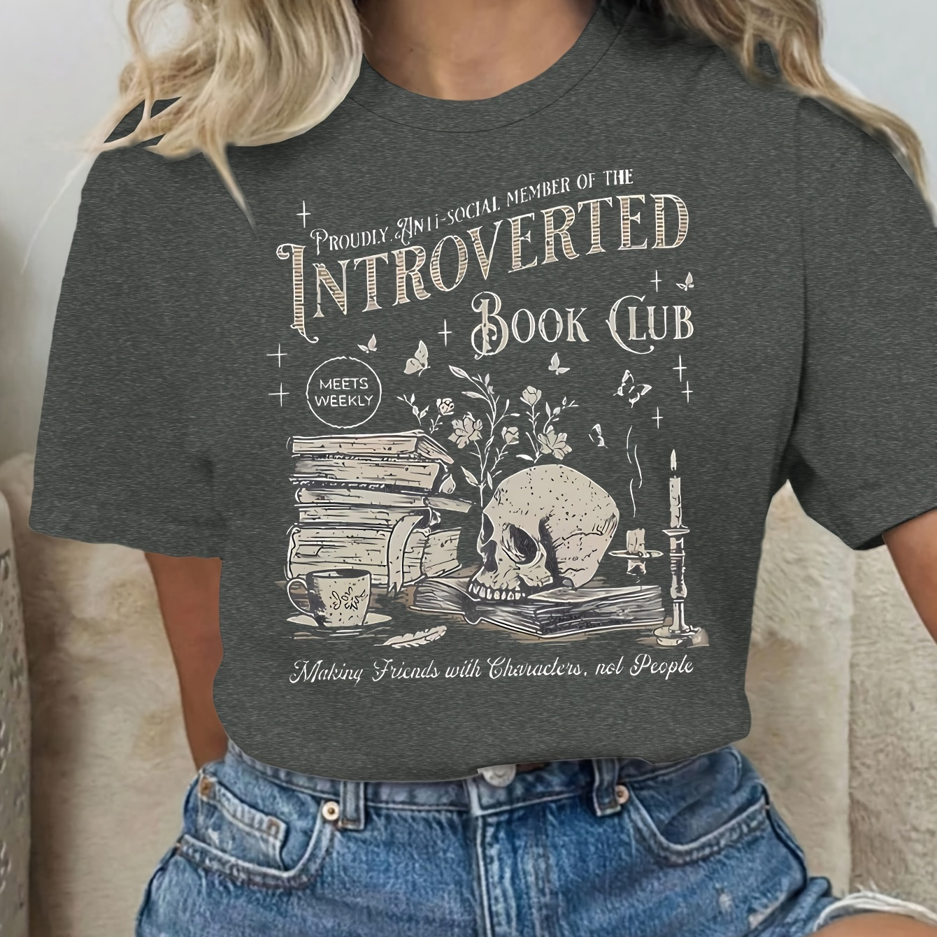 Plus Size Casual Polyester T-shirt With Crew Neck And Stretch, Introverted Book Club Graphic Tee For Summer
Plus Size Casual Polyester T-shirt With Crew Neck And Stretch, Introverted Book Club Graphic Tee For Summer