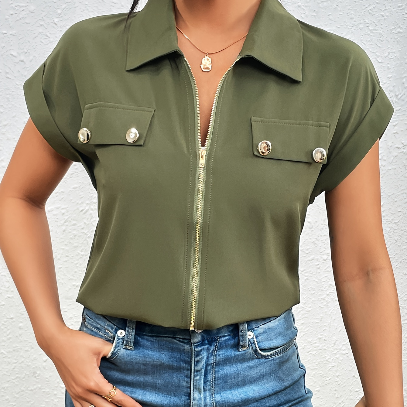 Zipper Front Button Decor Blouse, Casual Fake Pocket Flat Collar Rolled Sleeve Blouse, Women's Clothing
Zipper Front Button Decor Blouse, Casual Fake Pocket Flat Collar Rolled Sleeve Blouse, Women's Clothing